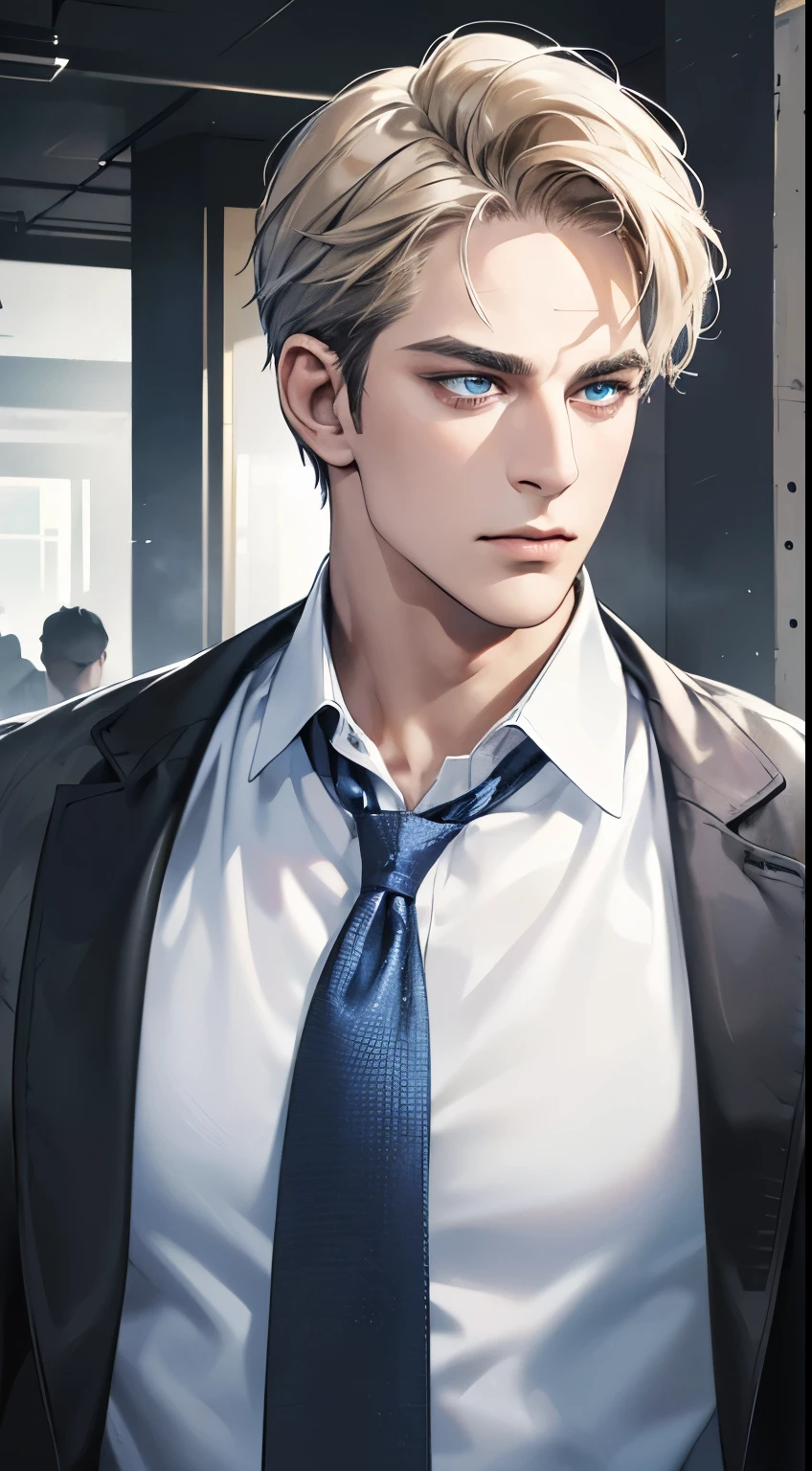 (best quality, masterpiece, 8K, photorealistic, cinematic lighting, hdr image, ultra detailed, beautiful image), 1 man, 3, mature man, very handsome, (without expression, serious), short golden hair, blue grey eyes ( penetrating gaze), perfect face without errors, imposing posture, without errors, businessman, office background