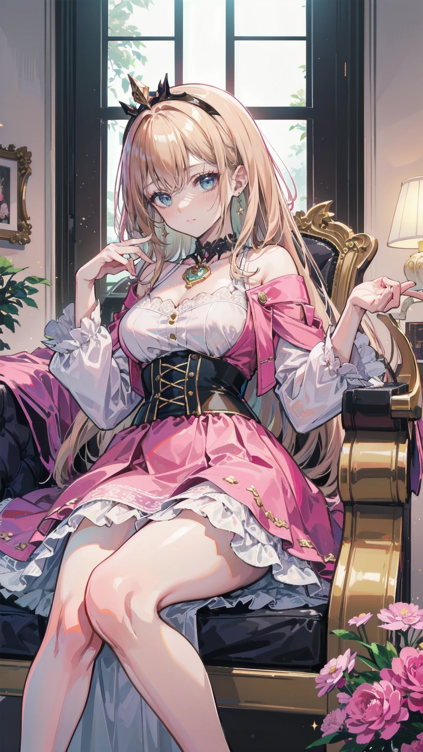 (8k, Best Quality, masterpiece: 1.2), Ultra-high resolution,,Marie Antoinette,Ultra-detailed face,Fine grain,Open your mouth a little,(Blonde),Long Hair,Wavy Hair, break,Rococo Ruffle Dress,Long sleeve dress,The dress includes an extra long skirt,Baroque Dress, Intricate fantasy dress, glamorous ruffled dresses, Romantic Dress, Ruffled Costume,Raffle, Data Style, Formal Wear, Fancy Fashion, palate colors include pink and white,(pink:1.5),Class A Smile,Gold Tiara, necklace,Sit in a luxurious chair,Hands on knees,(Rainbow light:1.4),,Profile of a person gazing out a window,The rosebush is reflected in the window,(Inside Victoria Palace)、Her eyes sparkle、Now her blonde hair reaches down to her waist、Rose-colored gradation and three, 薄いpinkのロック. 彼女は花柄の装飾が施されたGold Tiaraを着用し、Matching earrings, White flower choker. 彼女は金色のボタンで縁取られたフリル付きの白いストライプのpinkのトップを着ている, The white sleeves are shaped like flower buds.. A magenta ribbon runs along her chest.、Tied behind the neck、Matching chest piece, Decorated with flowers. Her frilly skirt is divided by a white lining, Fastened with a large magenta ribbon、Decorated with gold, There is a small ribbon on the back. Her miniskirt is、薄いpinkのマゼンタの貝殻状の裏地と白い花のペチコートでできている. 彼女はpinkの花がついた白い手袋も着用している, 白と薄いpinkの靴には、ゆるいカフとDecorated with flowersたマゼンタのリボンがある.
