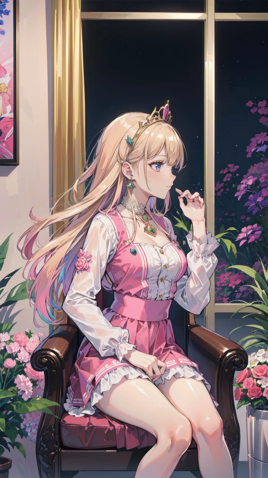 (8k, Best Quality, masterpiece: 1.2), Ultra-high resolution,,Marie Antoinette,Ultra-detailed face,Fine grain,Open your mouth a little,(Blonde),Long Hair,Wavy Hair, break,Rococo Ruffle Dress,Long sleeve dress,The dress includes an extra long skirt,Baroque Dress, Intricate fantasy dress, glamorous ruffled dresses, Romantic Dress, Ruffled Costume,Raffle, Data Style, Formal Wear, Fancy Fashion, palate colors include pink and white,(pink:1.5),Class A Smile,Gold Tiara, necklace,Sit in a luxurious chair,Hands on knees,(Rainbow light:1.4),,Profile of a person gazing out a window,The rosebush is reflected in the window,(Inside Victoria Palace)、Her eyes sparkle、Now her blonde hair reaches down to her waist、Rose-colored gradation and three, 薄いpinkのロック. 彼女は花柄の装飾が施されたGold Tiaraを着用し、Matching earrings, White flower choker. 彼女は金色のボタンで縁取られたフリル付きの白いストライプのpinkのトップを着ている, The white sleeves are shaped like flower buds.. A magenta ribbon runs along her chest.、Tied behind the neck、Matching chest piece, Decorated with flowers. Her frilly skirt is divided by a white lining, Fastened with a large magenta ribbon、Decorated with gold, There is a small ribbon on the back. Her miniskirt is、薄いpinkのマゼンタの貝殻状の裏地と白い花のペチコートでできている. 彼女はpinkの花がついた白い手袋も着用している, 白と薄いpinkの靴には、ゆるいカフとDecorated with flowersたマゼンタのリボンがある.
