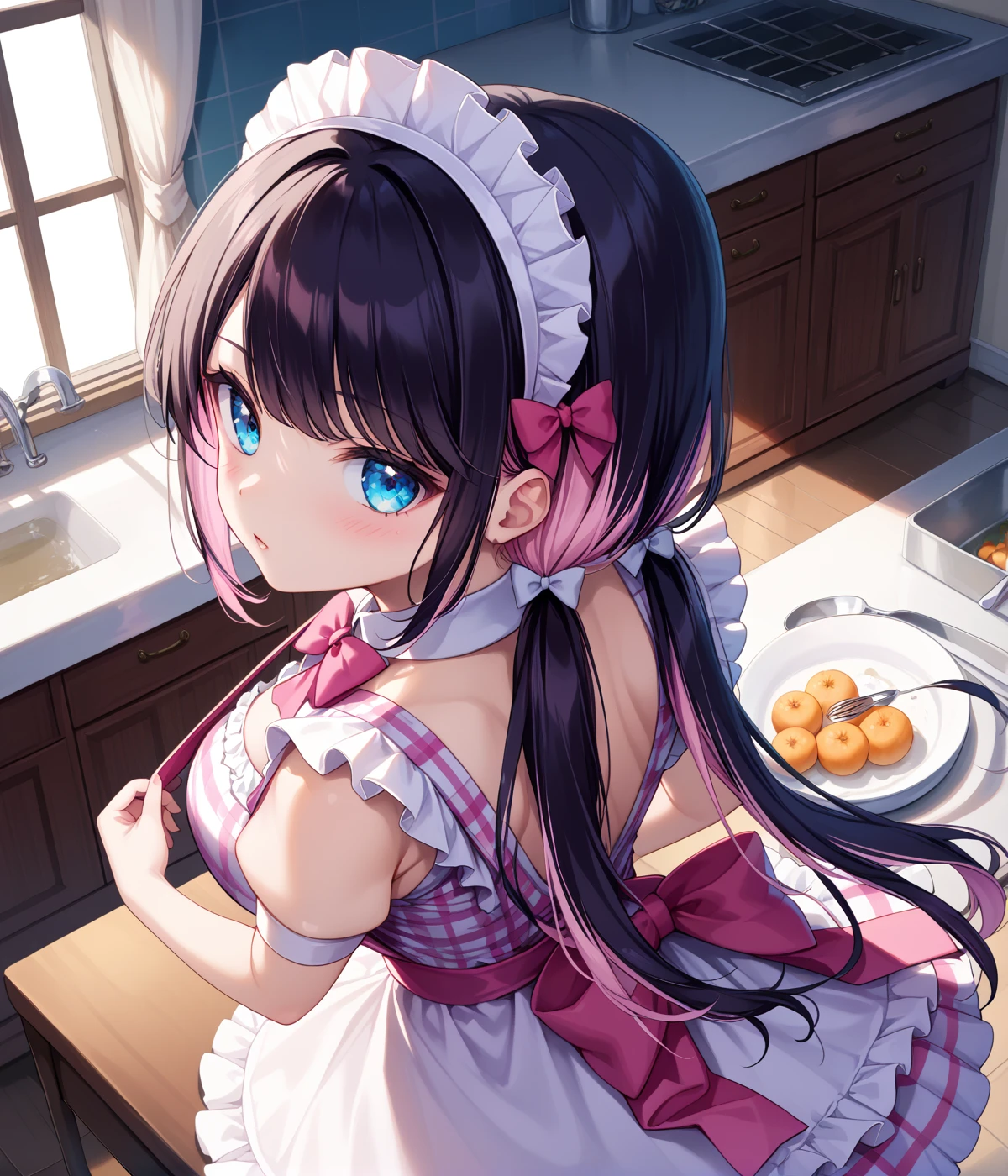 from above,((Best Quality))、(masterpiece)、(Realistic Shadows),  NazunaMdCaf, blue eyes, multicolored hair, black hair, pink hair, long hair, low twintails, maid headdress, hair bow, pink bowtie, maid, pink dress, plaid dress, maid apron, short sleeves, back bow,Big Breasts,break ,Putting in the oven,in the kitchen,  with a window, at night, hard lighting, cowboy shot
