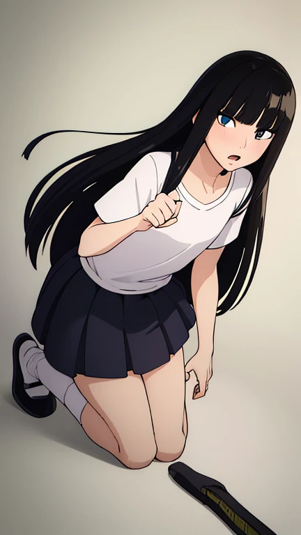 ((best quality)),((highly detailed)),masterpiece,absurdres,detailed face,beautiful face,((detailed eyes, deep eyes)),((dynamic pose)), sawako, 1femboy, girly, otokonoko, transgender, femboy, black hair, solo, long hair, bangs, black eyes, blunt bangs, blush, looking at viewer, open mouth, hime cut, white t-shirt, black miniskirt, white socks, black shoes, full body,  