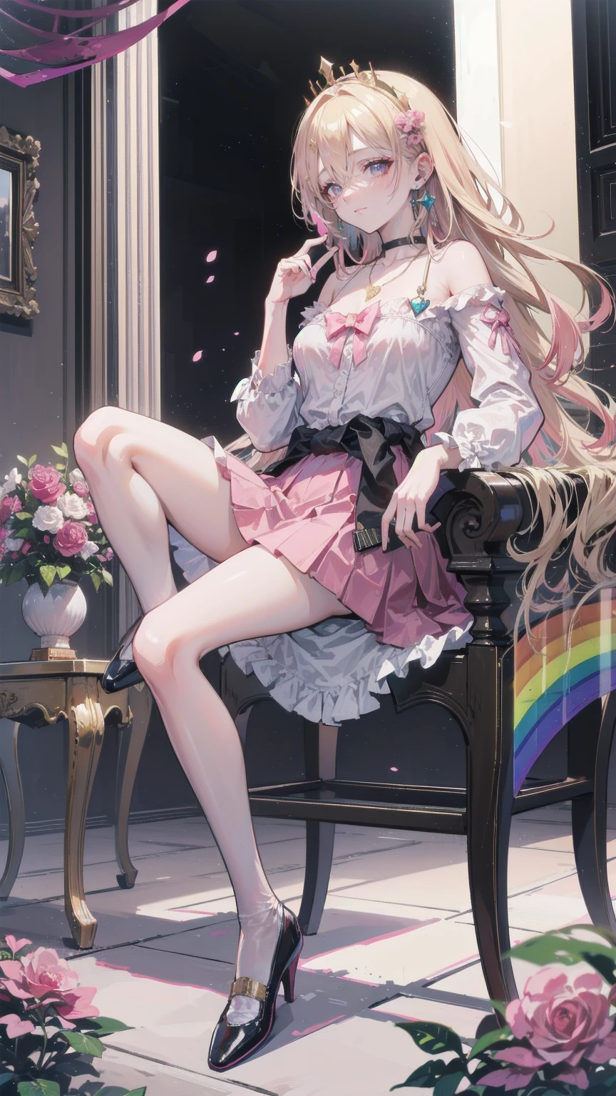 (8k, Best Quality, masterpiece: 1.2), Ultra-high resolution,,Marie Antoinette,Ultra-detailed face,Fine grain,Open your mouth a little,(Blonde),Long Hair,Wavy Hair, break,Rococo Ruffle Dress,Long sleeve dress,The dress includes an extra long skirt,Baroque Dress, Intricate fantasy dress, glamorous ruffled dresses, Romantic Dress, Ruffled Costume,Raffle, Data Style, Formal Wear, Fancy Fashion, palate colors include pink and white,(pink:1.5),Class A Smile,Gold Tiara, necklace,Sit in a luxurious chair,Hands on knees,(Rainbow light:1.4),,Profile of a person gazing out a window,The rosebush is reflected in the window,(Inside Victoria Palace)、Her eyes sparkle、Now her blonde hair reaches down to her waist、Rose-colored gradation and three, 薄いpinkのロック. 彼女は花柄の装飾が施されたGold Tiaraを着用し、Matching earrings, White flower choker. 彼女は金色のボタンで縁取られたフリル付きの白いストライプのpinkのトップを着ている, The white sleeves are shaped like flower buds.. A magenta ribbon runs along her chest.、Tied behind the neck、Matching chest piece, Decorated with flowers. Her frilly skirt is divided by a white lining, Fastened with a large magenta ribbon、Decorated with gold, There is a small ribbon on the back. Her miniskirt is、薄いpinkのマゼンタの貝殻状の裏地と白い花のペチコートでできている. 彼女はpinkの花がついた白い手袋も着用している, 白と薄いpinkの靴には、ゆるいカフとDecorated with flowersたマゼンタのリボンがある.
