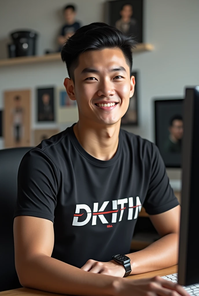 ((realistic daylight)) , Young Korean man in only a black sports shirt, no stripes, and jeans., A handsome, muscular young Asian man looks at the camera.  , In a computer shop ,turn sideways, smile