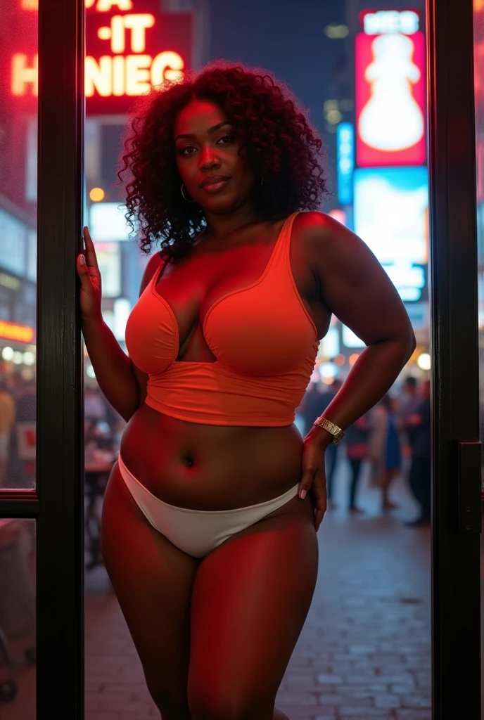 (best quality,4k,8k,highres,masterpiece:1.2),ultra-detailed,realistic,portrait,studio lighting,african woman,well-shaped,brown eyes,pink lips,light complexion,curly hair,standing,red tight-fitting dress,curvy figure,dancing gracefully in a vibrant night club,funky disco lights illuminating the scene,vivid colors,sensual atmosphere,stylish decor,floor-to-ceiling windows showcasing the city skyline,energetic music filling the air,celebrating the joy of life and self-expression