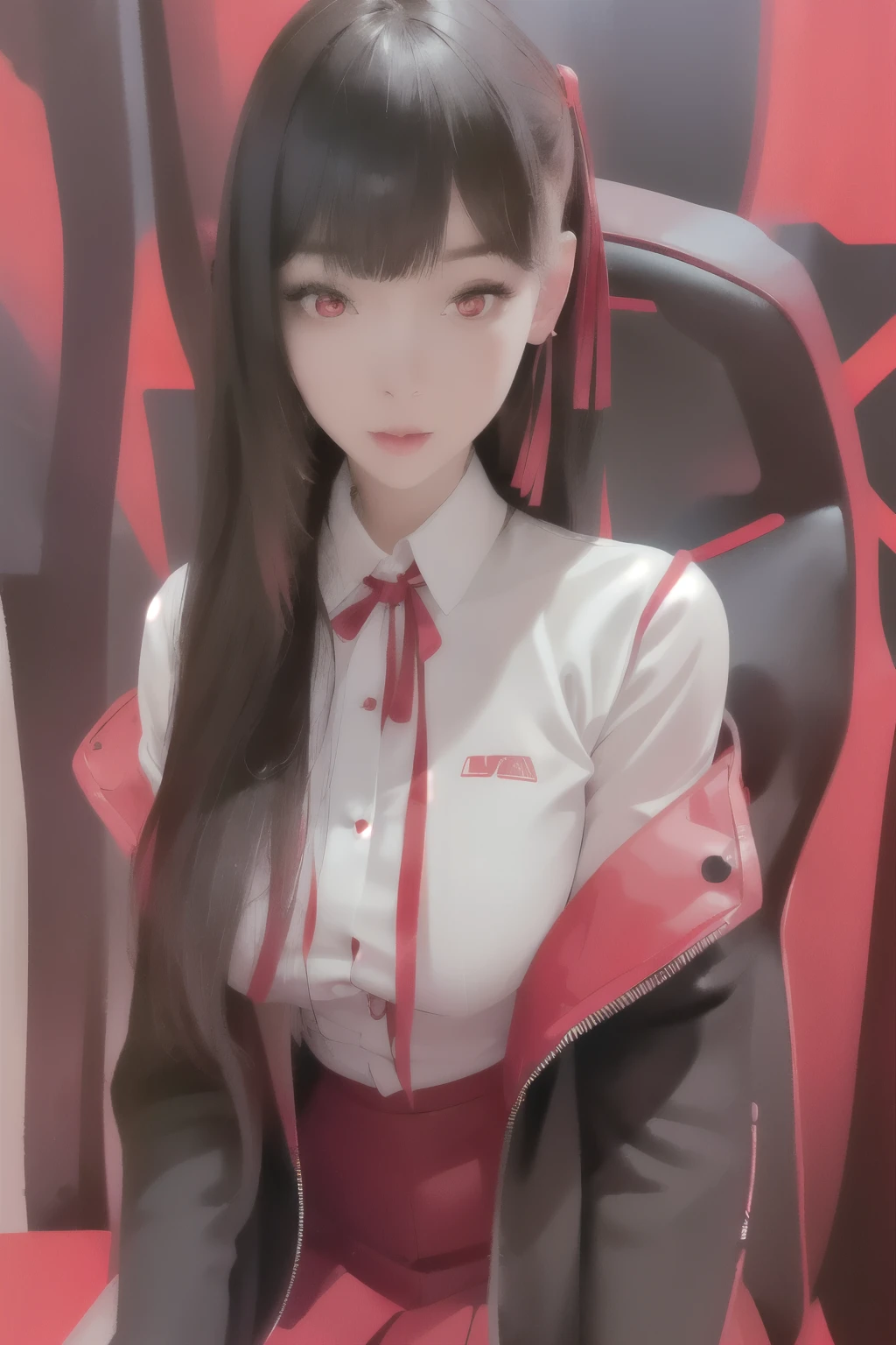 (finely detailed beautiful red eyes and detailed face,masterpiece sidelighting,masterpiece,best quality,detailed,high resolution illustration),(urban techwear, cybernetic background, sunny city),(1girl,whole body,bishoujo,lustrous skin,looking down,looking at viewer),(black hair,red eyes,short skirt,ribbon,button shirt)
