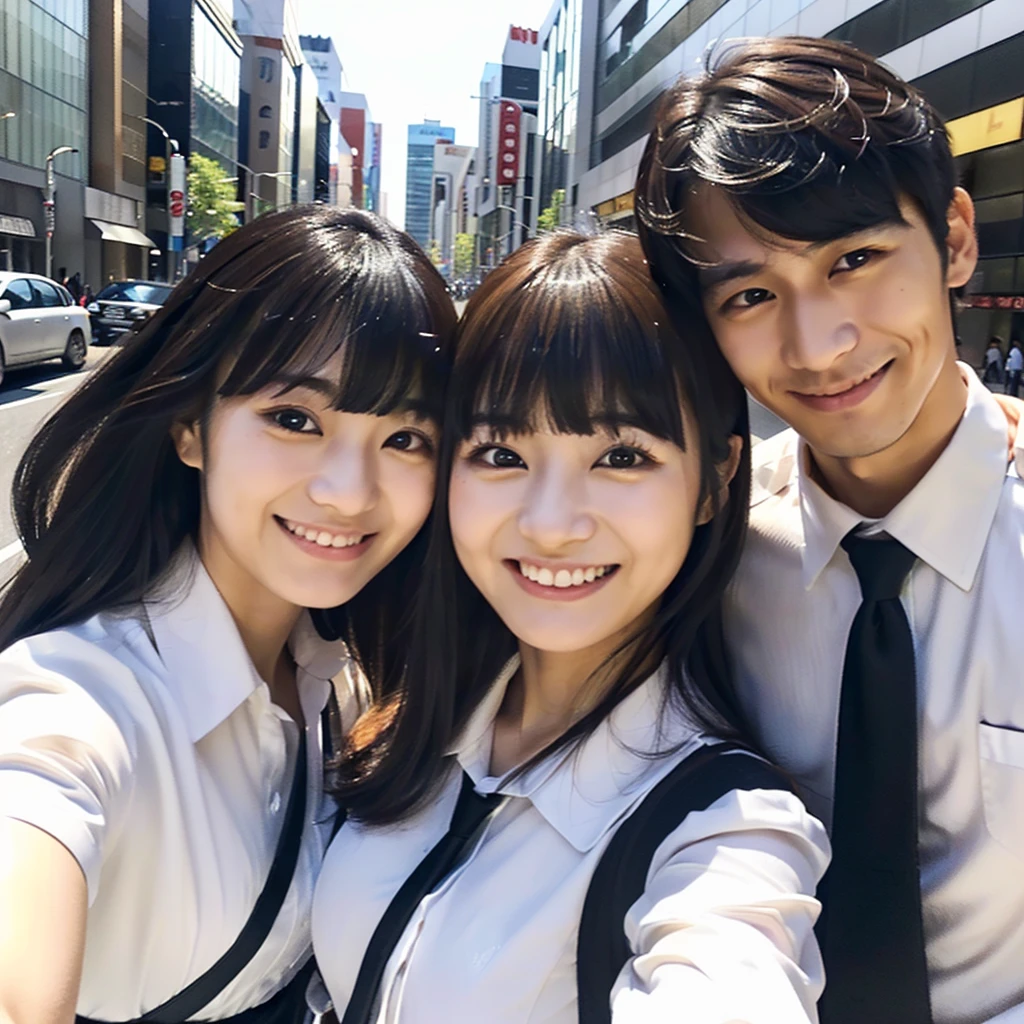 (A close-up selfie photo of two Japanese worker), (all 20-years-old), ((men and women)), (standing closely), (In the city), (morning), (All smiling), (All looking down at the viewer), best quality, masterpiece, (Wearing formal white office shirt), ((Double eyelids)), ((Big beady eyes)), ((two girls)), (Bangs down), ((wearing dark belt))