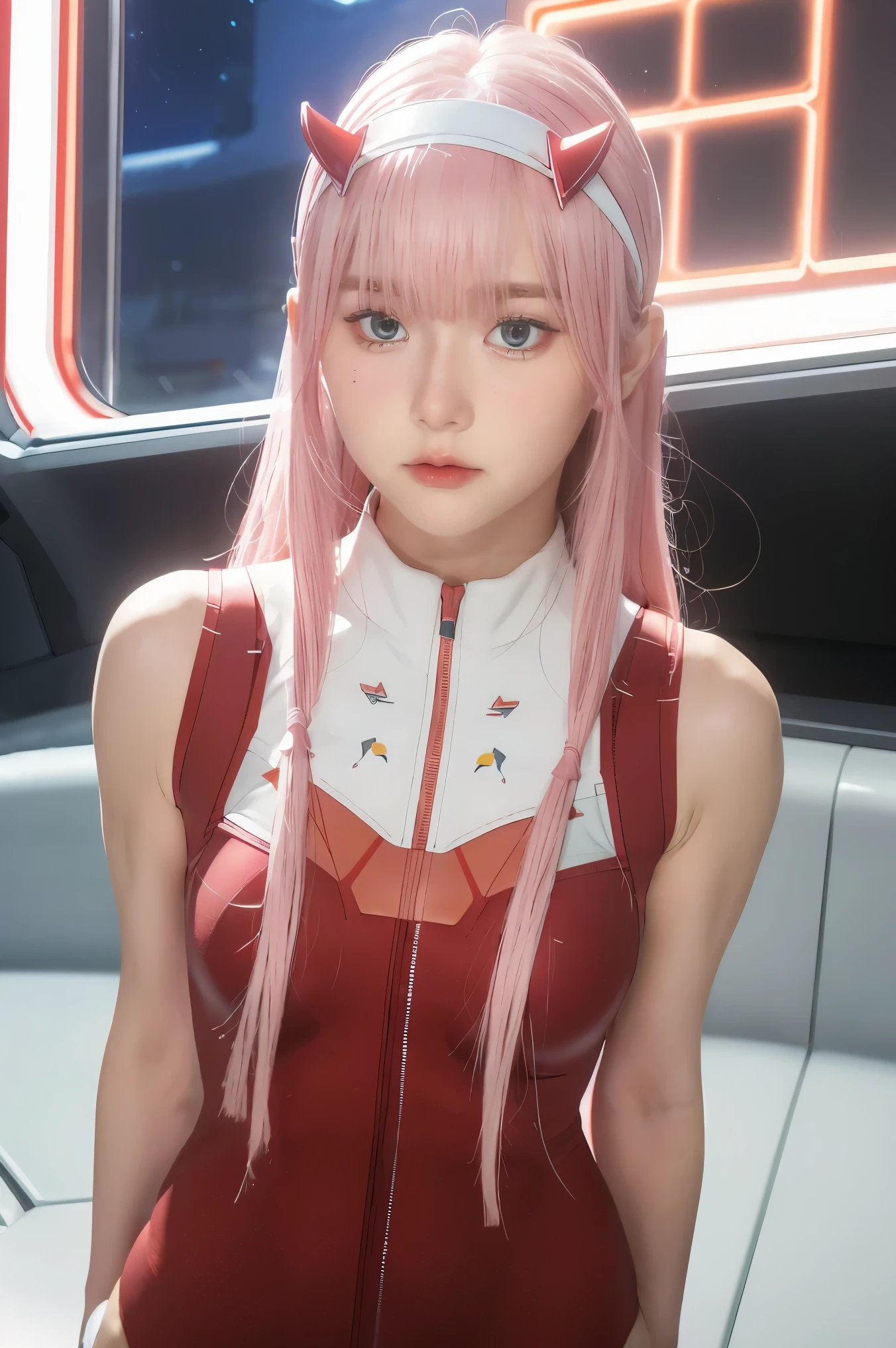 dynamic angle,ultra-detailed, illustration, straight on, 1girl, ((Zero two, interface headband with a pair of horns, red bodysuit:1.4, pink hair)), Her eyes shone like dreamy stars,(glowing eyes:1.233),(beautiful and detailed eyes:1.1),(expressionless, closed mouth),(standing), (mechanic room with tools and spaceship window in a white SPACESHIP), (night:1.2), dreamy, dynamic pose,