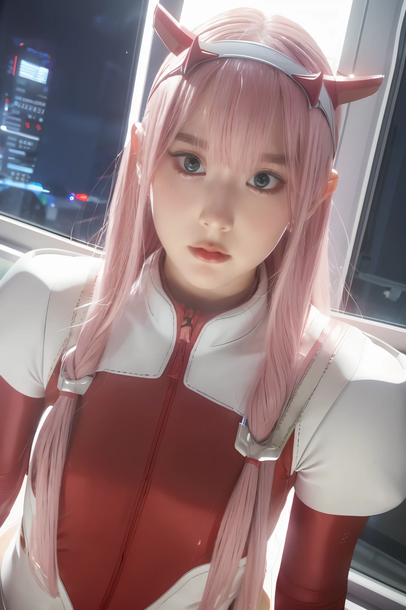 dynamic angle,ultra-detailed, illustration, straight on, 1girl, ((Zero two, interface headband with a pair of horns, red bodysuit:1.4, pink hair)), Her eyes shone like dreamy stars,(glowing eyes:1.233),(beautiful and detailed eyes:1.1),(expressionless, closed mouth),(standing), (mechanic room with tools and spaceship window in a white SPACESHIP), (night:1.2), dreamy, dynamic pose,