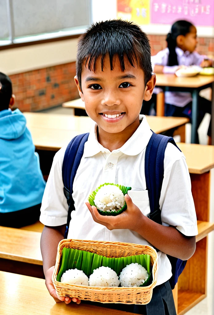 Elementary school student holding rice ball lunch