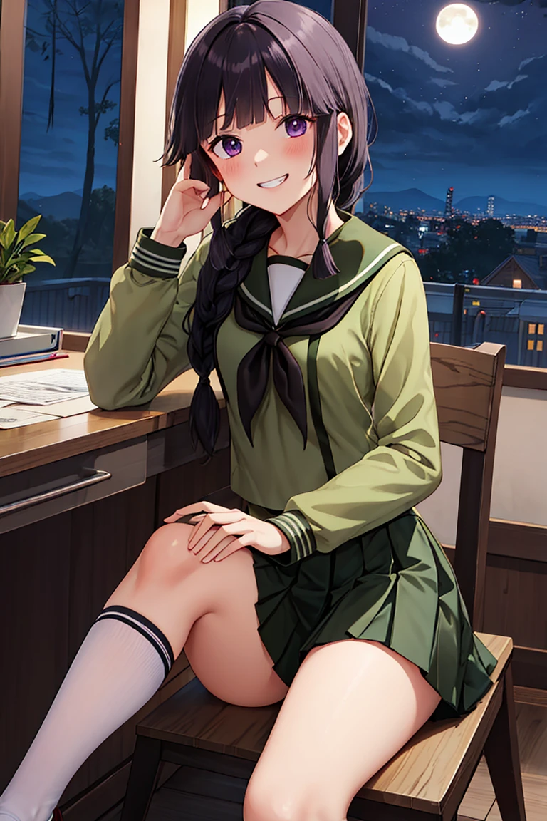 Portrait, official art, best masterpiece, best quality, best resolution, 8K, best detailed, perfect anatomy
BREAK
smile, grin, {bashful}
BREAK
(sitting in a chair, leaning on a desk)
BREAK
(kitakami_kantaicollection:1.15), long hair, black hair, braid, bangs, single braid, blunt bangs, sidelocks, serafuku, purple eyes, sailor collar, school uniform, green sailor collar, hair over shoulder, neckerchief, black eyes, tress ribbon, (small breasts:1.2), 1girl, solo
BREAK
luxurious mansion, luxurious office, office room, (night, midnight, darkness:1.3), very fine and detailed 16KCG wallpapers