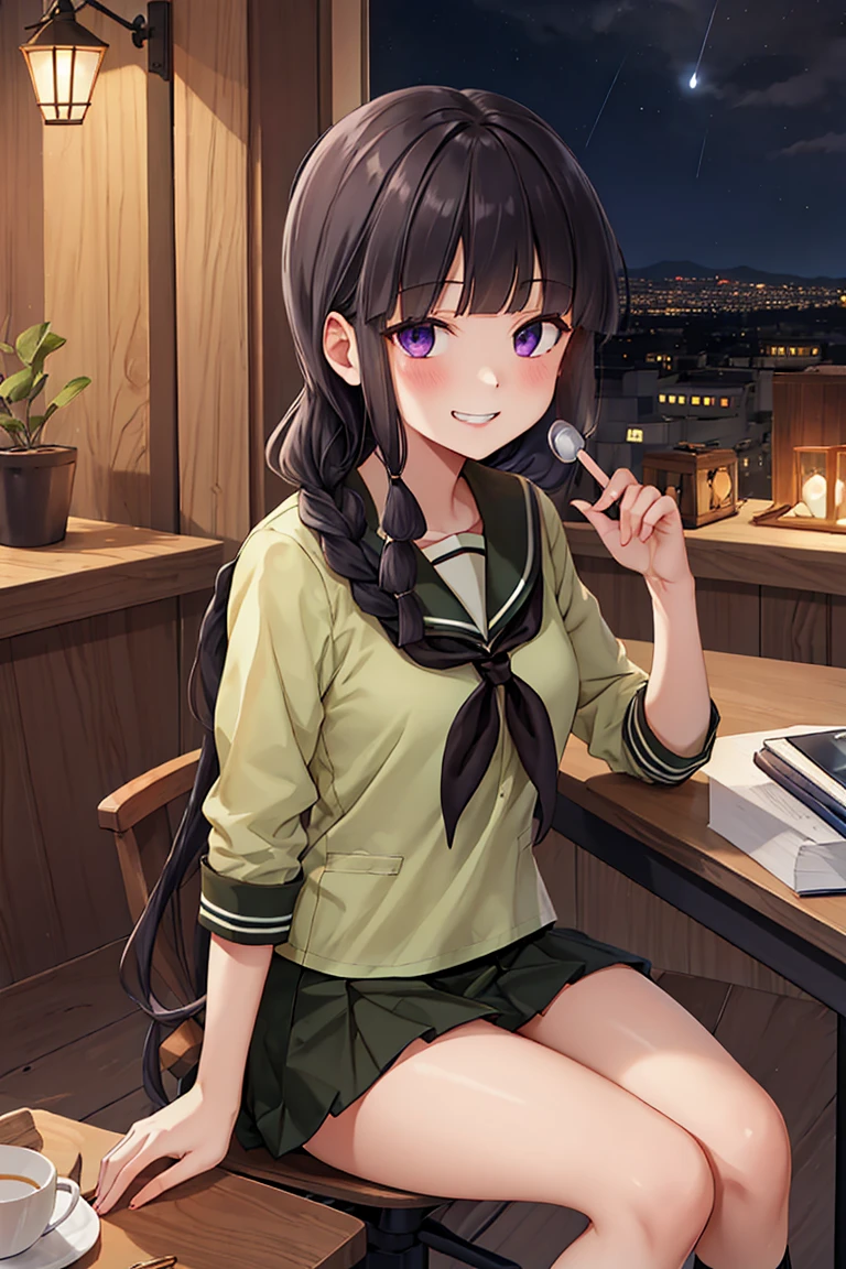 Portrait, official art, best masterpiece, best quality, best resolution, 8K, best detailed, perfect anatomy
BREAK
smile, grin, {bashful}
BREAK
(sitting in a chair, leaning on a desk)
BREAK
(kitakami_kantaicollection:1.15), long hair, black hair, braid, bangs, single braid, blunt bangs, sidelocks, serafuku, purple eyes, sailor collar, school uniform, green sailor collar, hair over shoulder, neckerchief, black eyes, tress ribbon, (small breasts:1.2), 1girl, solo
BREAK
luxurious mansion, luxurious office, office room, (night, midnight, darkness:1.3), very fine and detailed 16KCG wallpapers