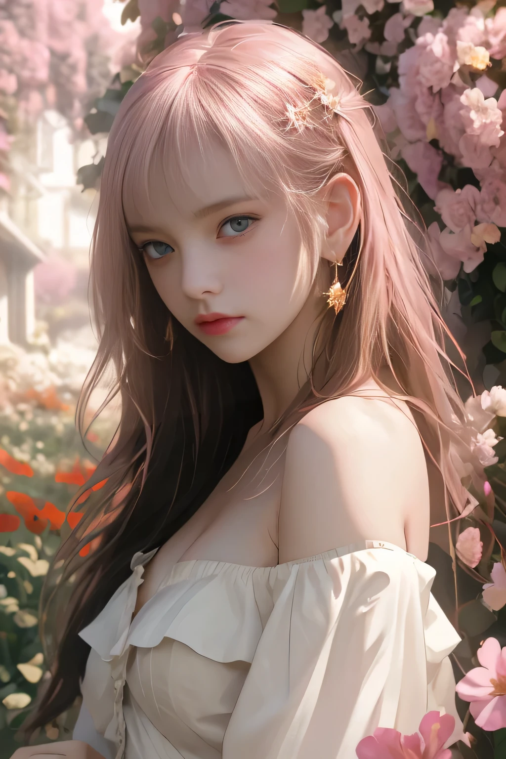 （（best qualtiy））， （（tmasterpiece））， （detail：1.4）， Beautiful cyberpunk female images，hdr（HighDynamicRange），Ray traching，NVIDIA RTX，Hyper-Resolution，illusory 5，sub surface scattering，PBR textures，post-proces，Anisotropy Filtering，depth of fieldaximum definition and sharpnesany-Layer Textures，Albedo e mapas Speculares，Surface coloring，Mitsu-Accurate simulation of material interactions，perfectly proportioned，rendering by octane，Two-colored light，largeaperture，Low ISO，White balance，Rule three points、8K raw data、Beautiful bright blue pupils，off-the-shoulder clothes，Fine pupils，Delicate face and eyes，long eyelasher，Blushlush，Delicate and fluffy hair，pink lip，Pure，Cute face，Sweet girl，Artistic sense，Casual wear，Advancedsense，butterflys，Cherry blossom petal，Beautiful hair accessories，Long hair and waist，Hair fluttering in the wind，Snow-white fox ears，curlies，Snow-white fluffy tail，Positive light，The light from the back window is backlighted