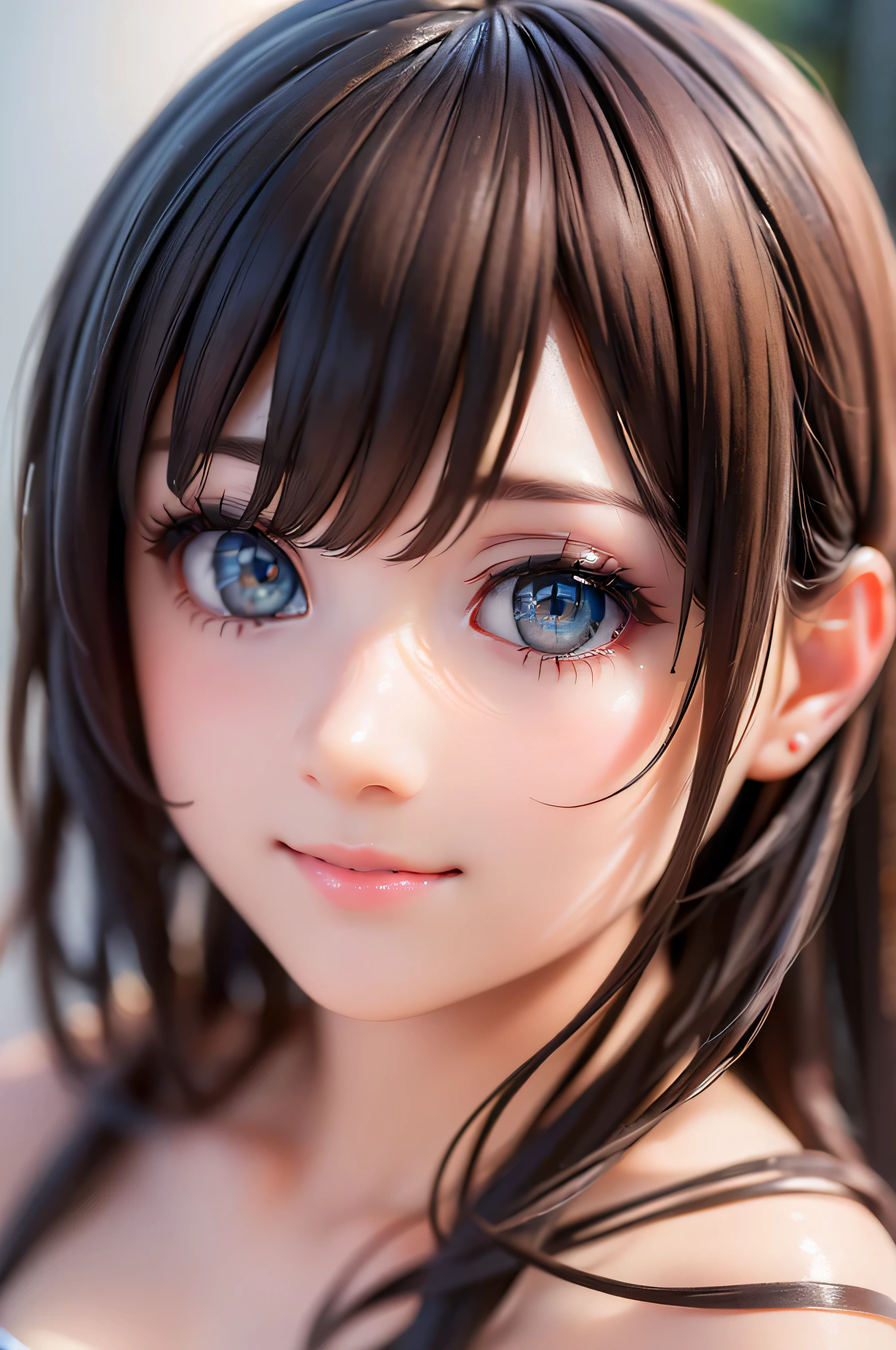 Baby Face, (photoRealistic:1.8), (masterpiece, Side light, Exquisite beautiful eyes: 1.5), masterpiece*Portraiture, Realistic, 3D Face, (Cute Face),Front view: 1.6、 (glowing brown eyes:1.2),Plump face:1.5,(We say:1.5)、(Captivating smile:1.2),Rosy Mouth,Because I'm Slim,Abdominal muscles, Shiny Hair, Glowing Skin: 1.5、Medium chest,Cleavage、alone,(stand)、(School Swimsuit)、(Character Focus:1.5、Portraiture:1.5、Upper Body),Poolside,