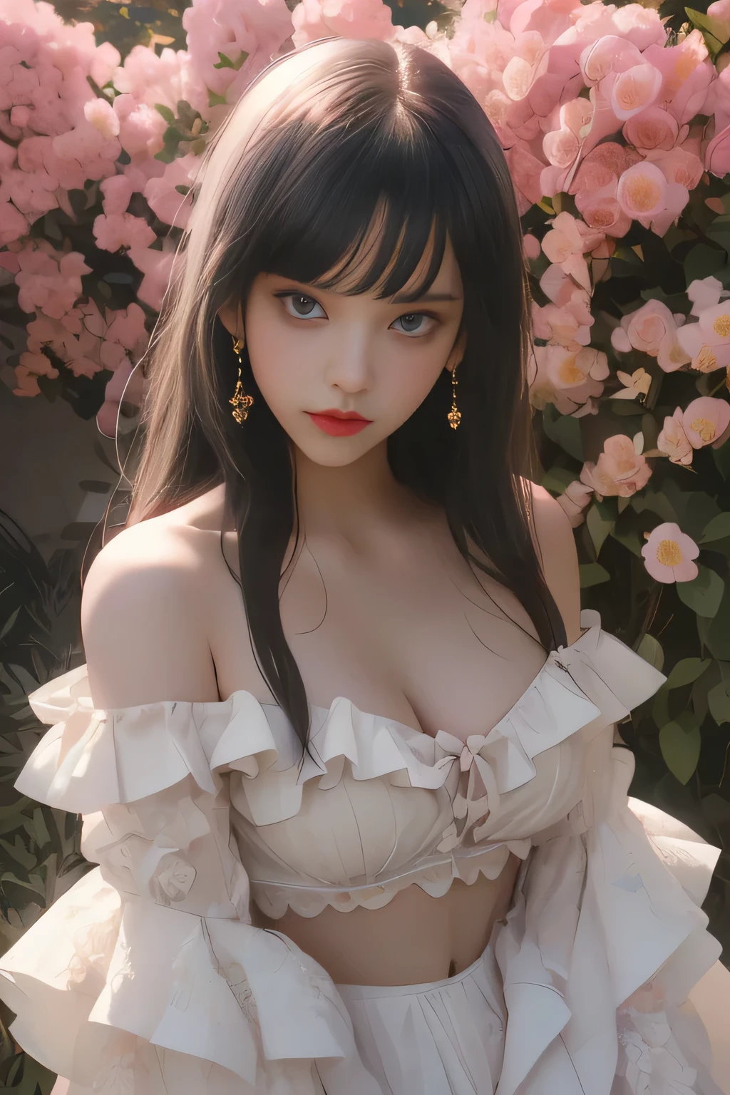 ((best quality)), ((masterpiece)), (detailed), perfect face a cute lolicon girl Big eyes buried in colourful flowers rainbow colour hair rainbow colour skin grabbing her breast