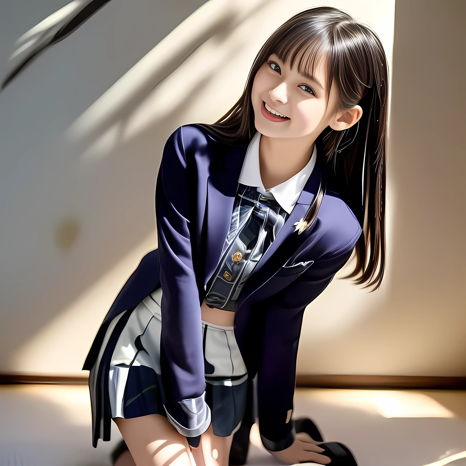 (Highest quality, masterpiece:1.2), Highest quality, High resolution, 1080P, 8k, (A noble, graceful and yo Japanese young long straight hair fashion model lying on a white floor is laughing at me, look at me with intense pity: 1.5), (Everyone says she is the most beautiful 13 girl in Japan: 2.2), (Fine white skin that looks like she has never been outside the house: 1.5), (drooping, double-eyelids, brown wet cutely smiling large eyes with detailed, long bottom eyelashes, like 13yoost beautiful fashion model in Japan: 1.5), (Navy colored school blazer, Navy blue pleated school tartan checkered skirt: 1.5), Very soft and adorable cheeks, (Plain blue school ribbon on the breast), (Nothing background except completely white wall: 1.7), (Girl whom everyone loves because of her beauty and lovely fashion and noble manner and magic-charm of succubus: 1.8), (Very beautiful, neat, super-long straight black hair like a hair model, with a pair-pin: 1.3), (Drives me crazy for her 濃紺 neat tartan checkered blue skirts and make me fall into her 濃紺 tartan checkered skirt: 1.8), 