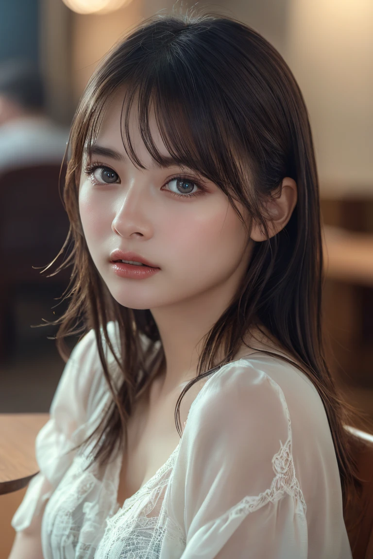 dreamy ambiance, ultrasharp, studio shoot、close up of face、(black Lace Ruffled Shirt Dress:1.2), (large chest with increased tension:1.3), Focus on the chest、Enhanced body、realisitic、Photo Real、extremely detailed cute girl、17 age、japaneelancholy look, large full breasts、A dark-haired、Hair braids、thick bangs、Night, neons, Digital SLR, Looking at Viewer, natural, Candid, Sophisticated, zora々Right, Professional Lighting, Film grain, chromatic abberation, (Bokeh:1.1)