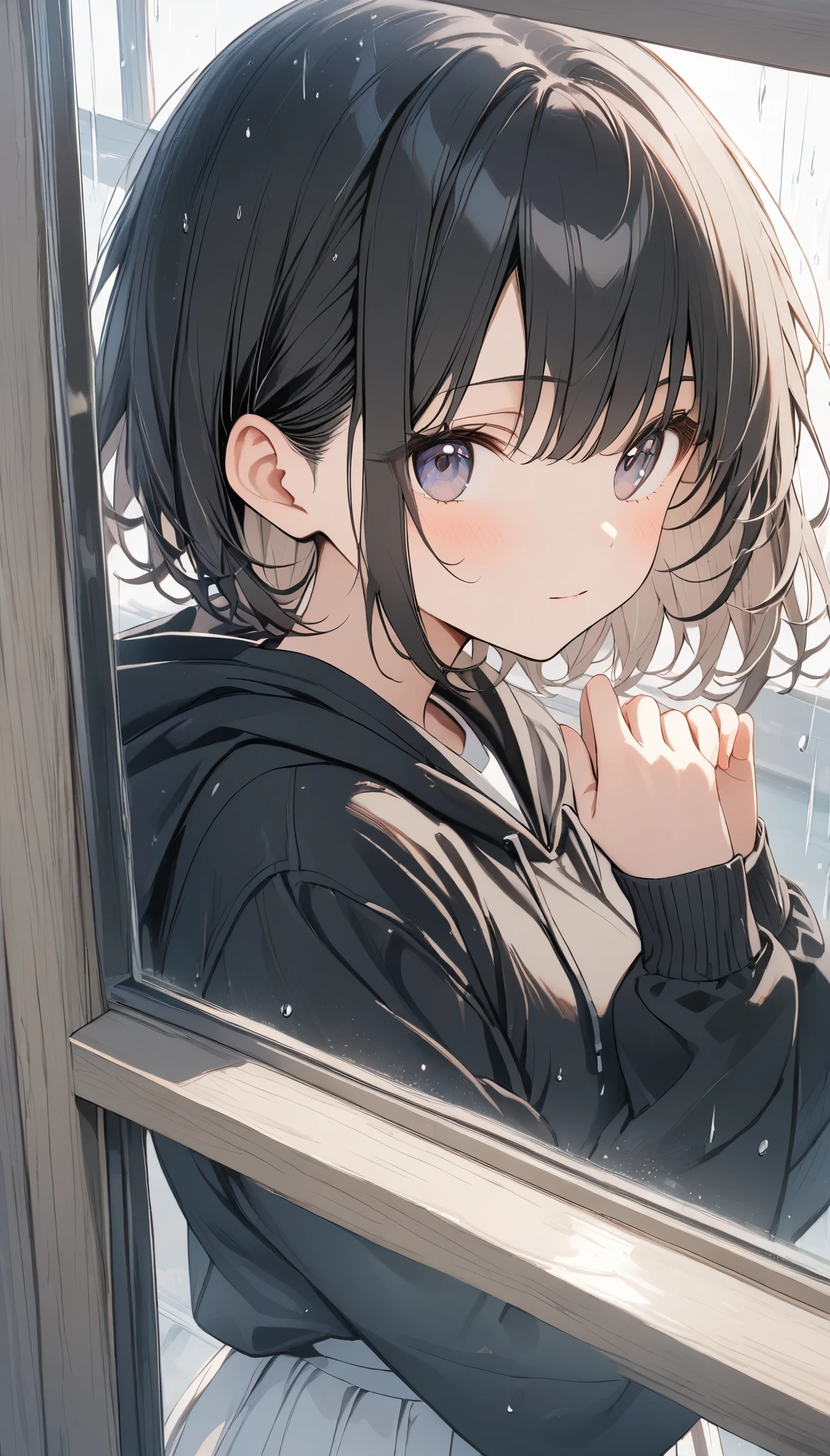 anime、((Amazingly absurd)),(masterpiece:1.2),超High resolution, Attention to detail, high quality, High resolution, 最high quality, 4K, 8k、Black hoodie、White Skirt、Dark Eyes、Short Hair、Black Hair、profile、Looking out the window、Rainy weather、Hands on the window glass、Melancholic face、Face reflected in glass