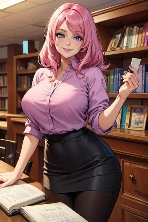 Perfect face. Perfect hands. A pink haired woman with violet eyes and an hourglass figure in a plaid pencil skirt and blouse is reading in the library with a big smile