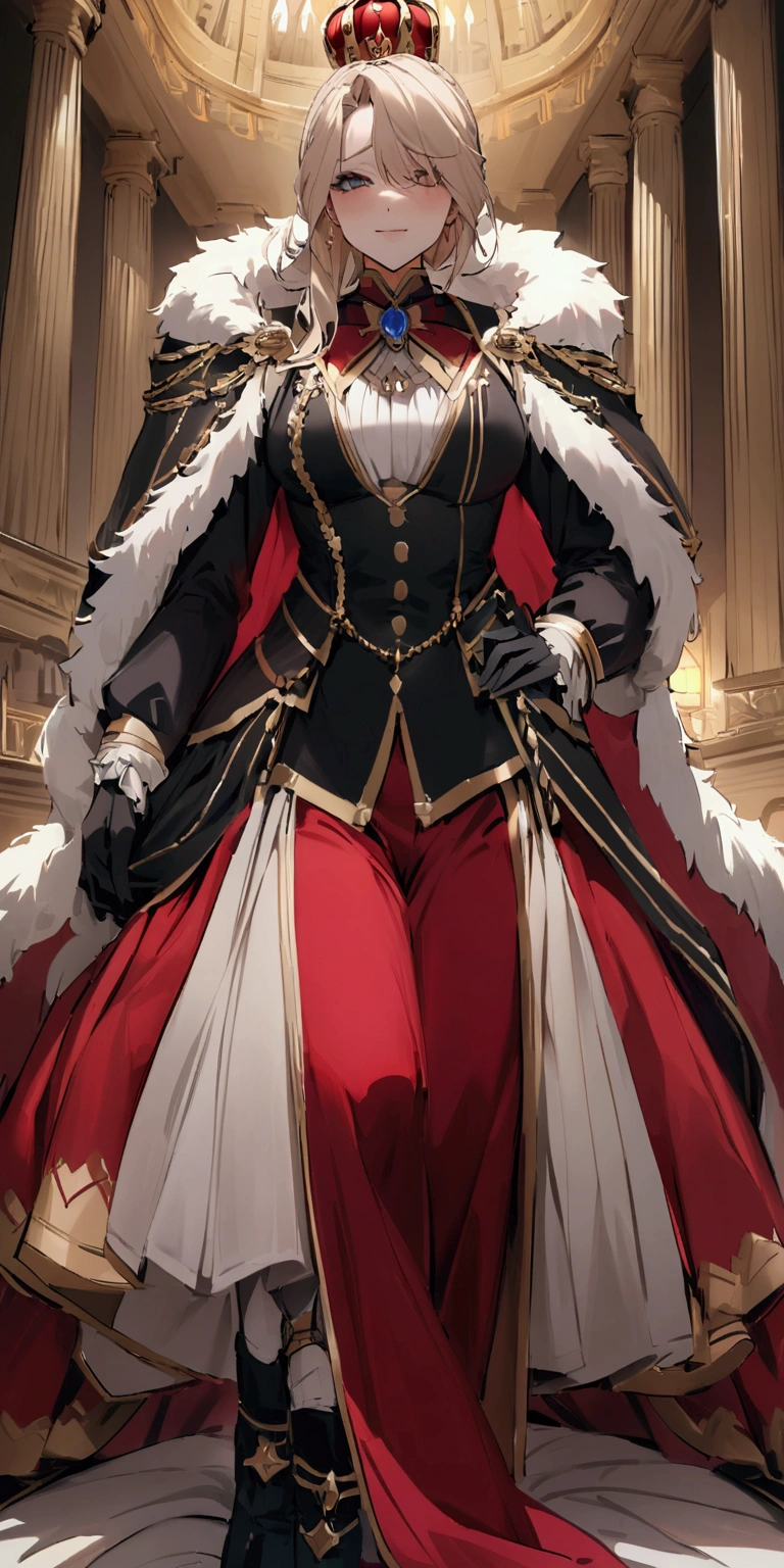 A woman wearing a royal guard uniform, red long-sleeved royal guard jacket, gold shoulder pads, tight black pants, wearing black heels, holding a sword, black royal guard hat, with red feather, white hair, long hair, yellow eyes , big breasts, standing, outside a medieval castle, perfect face, perfect eyes, HMS_Drake, Azur_lane, , .UHD , masterpiece, super details , high quality , best quality, 8k, high resolution, bokeh effect. (woman solo), close view.