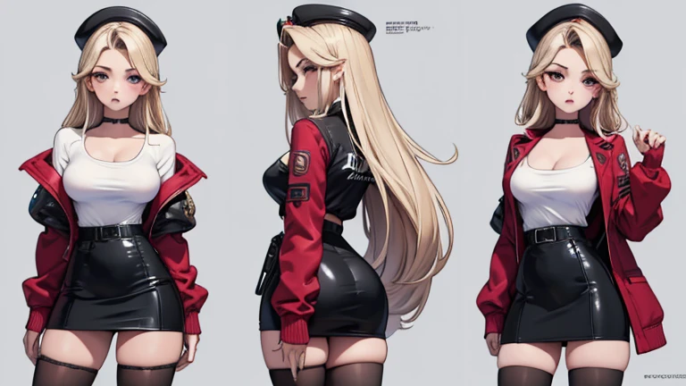 1 girl, (Character Design Sheet), (Multiple poses and expressions), (masterpiece, best quality:1.4), absurdres, highres, ultra detailed, beautiful, (secretary), (perfect face, detailed face, beautiful:1.3),(natural breasts, cleavage), collarbone, fingerless gloves, jacket, White T-shirt, croptop,, black pencil skirt, tight, over the knee skirt, hat, elegant secretary outfit, thighhighs, thick thighs, thighs, multiple belts, More detailed 8K.motor irreal:1.4,UHD,La mejor calidad:1.4, fotorrealista:1.4, textura de la piel:1.4, obra maestra:1.8,obra-prima, mejor calidad, (detailed face features:1.3),(manos detailed)