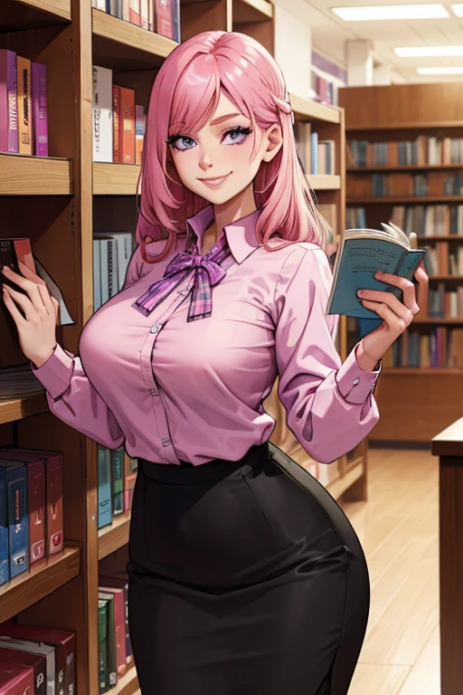 Perfect face. Perfect hands. A pink haired woman with violet eyes and an hourglass figure in a plaid pencil skirt and blouse is reading in the library with a big smile