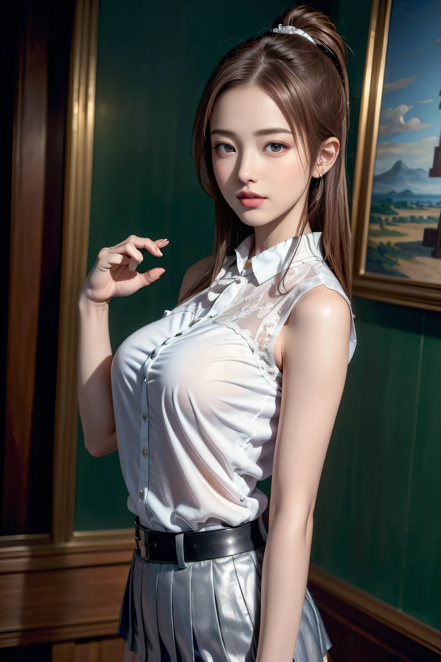 (1girl:2.0), (solo:1.5), (korean doll girl:1.9), (anatomically correct:1.3), (view body from head to thigh:2.0), (arms on hips:1.7), (light smile:1.3), (dimple chin:1.5), (chubby cheeks:1.5), (front opened white shirt:1.7), (grey mini skirt:1.7), (no bra:2.0), (braless:2.0), (slender abs:1.5), (detailed realistic skin:1.3), (extremely detailed realistic caramel hair:1.7), (beautiful realistic hairstyle:1.3), (realistic hair:1.3), (beautiful realistic face:1.3), (beautiful realistic korean doll girl face:1.9), (extremely detailed realistic face:1.3), (realistic eyes:1.5), (extremely detailed realistic eyes:1.5), (perfect eyes:1.5), (extremely detailed realistic pupils:1.5), (extremely detailed realistic eyelashes:1.3), (detailed realistic lips:1.3), (beautiful realistic lips:1.3), (realistic medium breasts:1.3), (breast cleavage exposed:1.5), (masterpiece:1.2), (best quality:1.2), (realistic:1.2), photography, Nikon, 85mm, 8k, (sharp focus:1.2), (high resolution:1.2), (ultra-detailed:1.2),