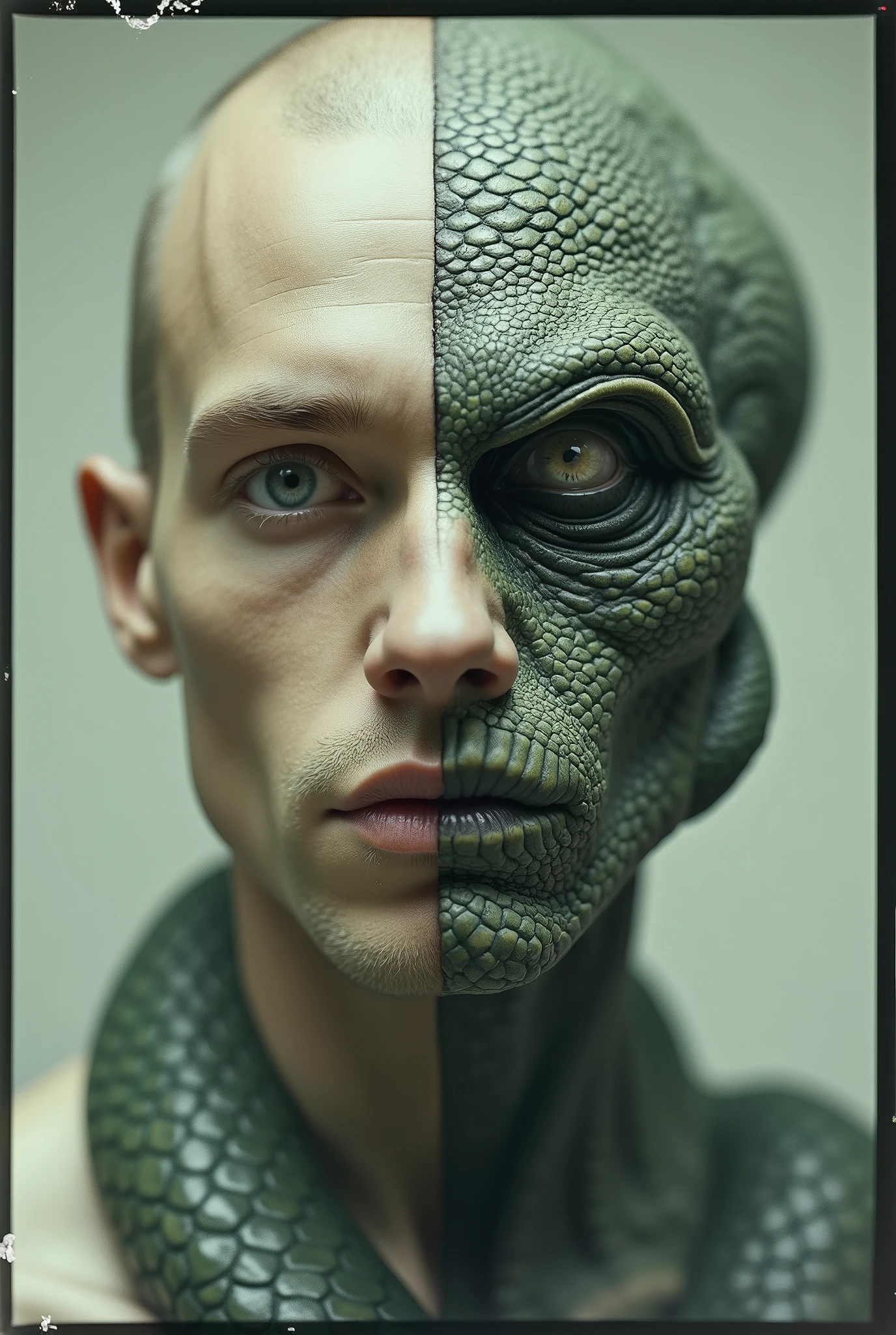 8k, a surreal photo of a man whose face has stretched until it has distorted into an alien form