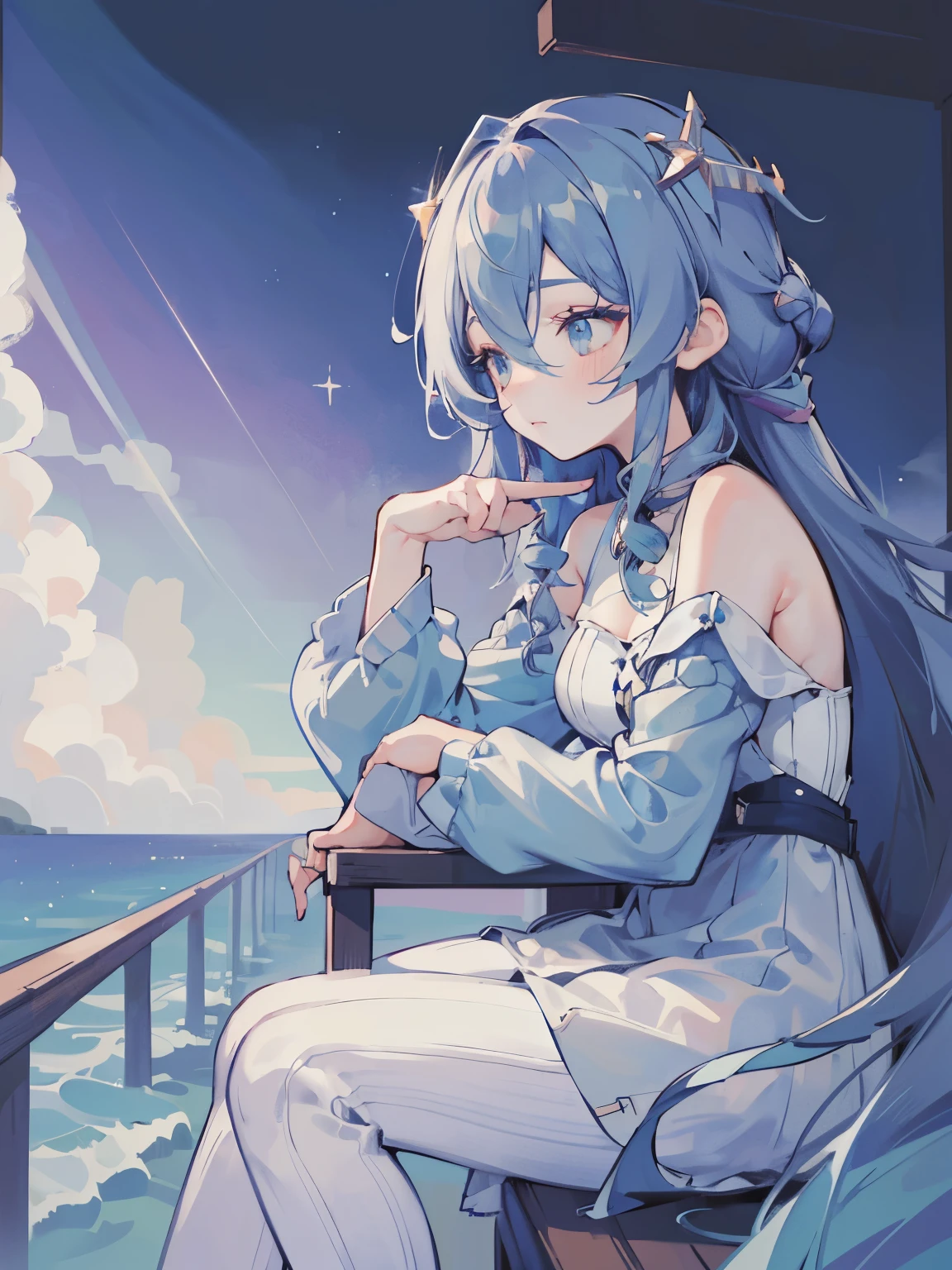 ((SFW)), (best quality,4k,8k, high res,masterpiece:1.2), ((masterpiece)), (((best quality))), slightly muted colors, solo girl, 1 character only, same character, hair color, hairstyle fax, eyes, simple white background, clouds, flowy hair, stars in hair, adult, starry eyes, sea, ocean, celestial, hairstyle fax, deity, muted blue hair, sky-like hair with stars, ocean hair, soft smile, (({comforting aura})), youlooklonely, pointing, from side, looking at another