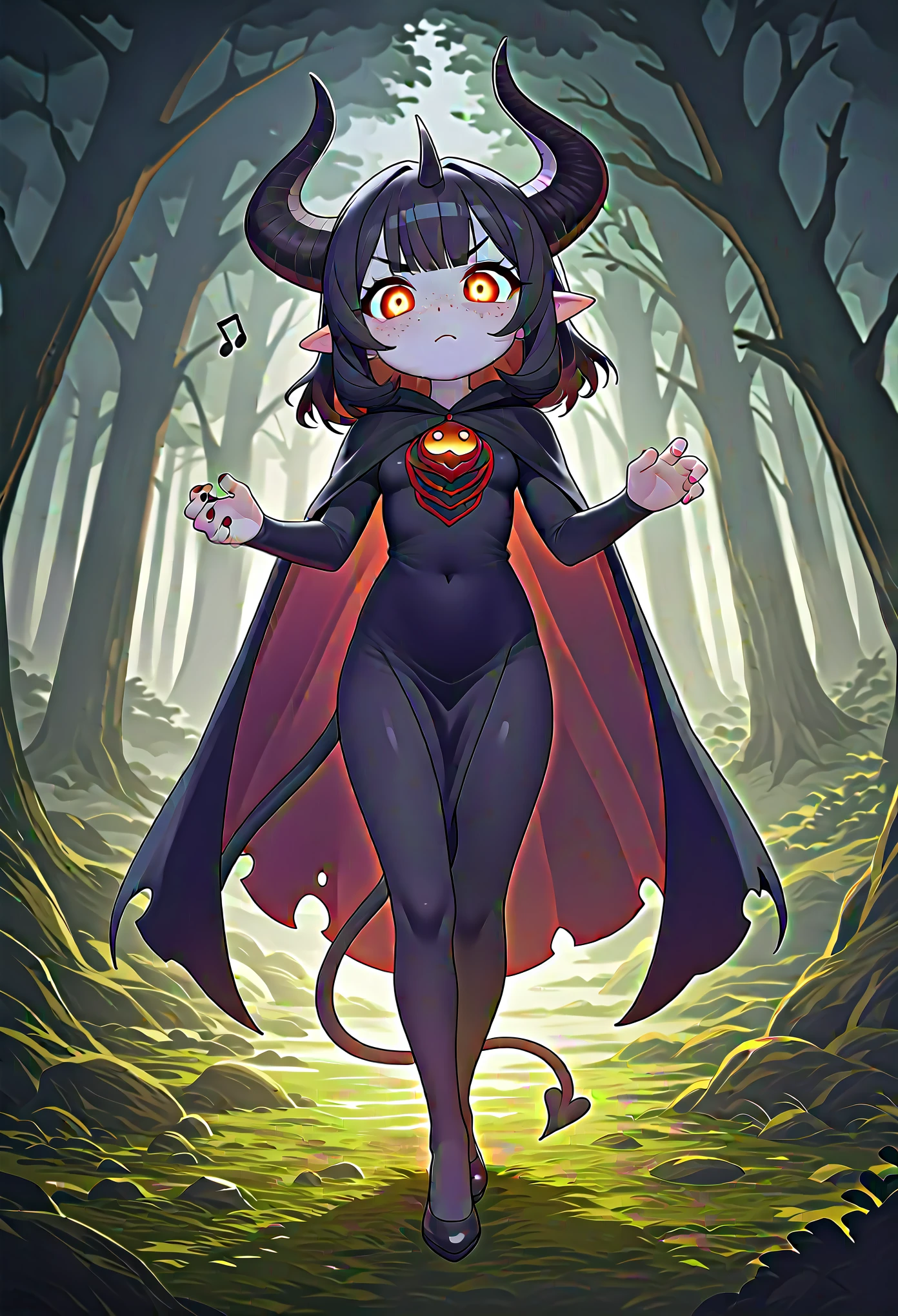 score_9, score_8_up, score_7_up, score_6_up, score_5_up, score_4_up, cute devil girl dancing, evil smiles, (dancing),music notes, (big trees in the forest), cute horror fantasy, Disney-style horror effects, pure black skin, bags under eyes, long eyebrow,(big eyes:0.5)chibi, long nail, orange eyes, hair, looking down, cloak\(cute patterned, thick cloth\),picture-book style, children-book style, long shot, detailed face, extremely detailed eyes, masterpiece, 4k, 8k, high-res, ultra-detailed, physically-based rendering, vivid colors, demon tail, sharp horns, demon horns, studio lighting cinematic lighting, dramatic lighting, dramatic composition, dynamic pose, volumetric lighting, Serious expression, glowing eyes, freckles, Full Body