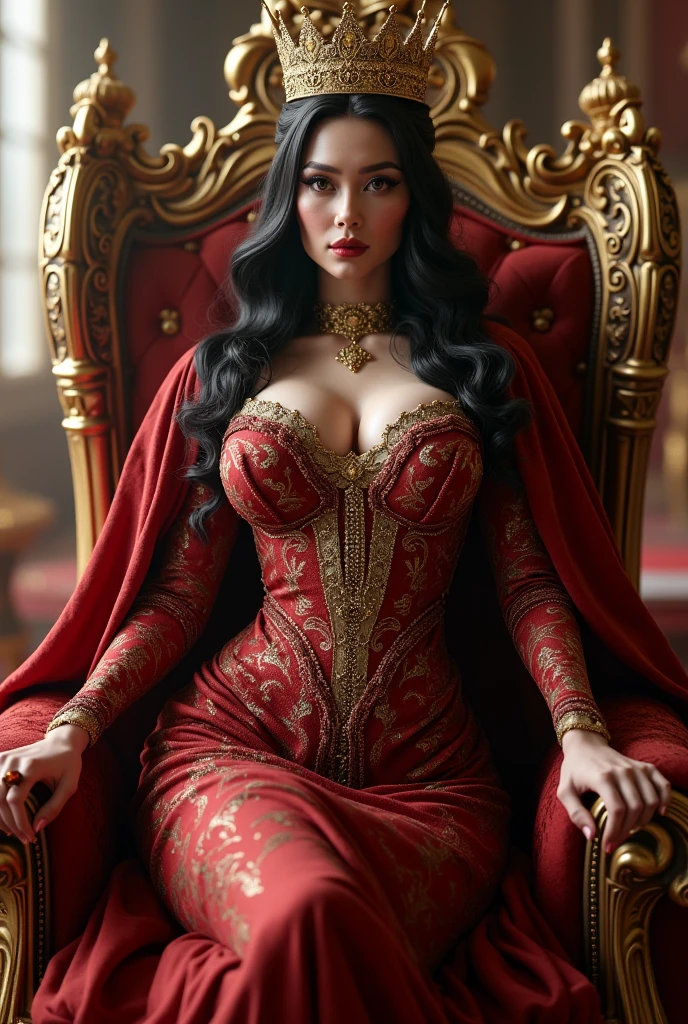 Amazing Horror Bloody Queen, sexy nude woman, long black curly hair, On his shoulders he has a torn cloak covered with glittering flakes of blood, generate vintage and very old image. she sits on an bloody throne. 16K quality
