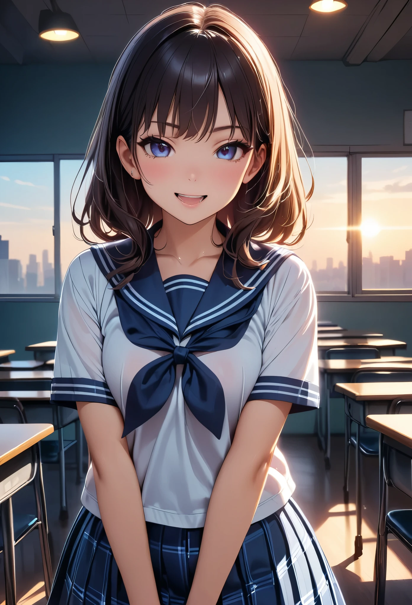 Beautiful young girl in a sailor suit、((Lewd smile、Open your mouth))、Low angle, Cowboy Shot, Very detailed、8k、Photorealistic、Hyperrealistic、Chiaroscuro Lighting、Dramatic Shadows、elegant、grace、Enchanting、Enchantingな、Porcelain Skin、Eyes of Lust、Delicate features、Blue Sailor Suit、Checkered pleated skirt、Skin with an obscene sheen、Shinyラテックス、Shiny、Cinematic composition、Dramatic Pose、A bad mood、Dark and mysterious, Classroom at Dusk.