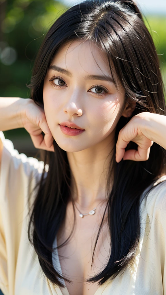 (((Like the picture、Focus on the eyes:1.1、Extremely detailed:1.22、Ultra-high resolution、masterpiece:1.45、Highest quality)))、((((Whole body expression:1.68、camisole、Leaning forward、One person))))、long, straight black hair、So that every single hair is clearly visible、The subtle color changes of hair depending on how the light hits it、 Skin has a natural glow、Fine skin texture、Representing the fine details of pores:1.25、Details of the light redness on the forehead and cheeks、(((Eyes with fine iris details、The eyes depict color gradations and patterns.、Long, natural-looking eyelashes, each and every one visible、Well-groomed eyebrows、眉毛のindivual々The hair is clearly visible、Light reflecting off into the eye、The light in the eyes creates small highlights)))、The nose is delicate、Fine detail on the nostrils、Lips are plump and naturally pink、Depicts the fine lines and soft curves of the lips、lips are shiny and、The gloss on your lips accentuates their shape.、(((Detailed depiction of lip texture、Particular attention to the depiction of light and shadow、Soft natural light gently illuminates the face from the front、A faint glow on the forehead、A slight shine on the nose、A slight glow on the cheeks、Shadows are cast softly along the contours of the face、Accentuate the sides of your cheekbones、Accentuate the sides of the jawline、Emphasize the sides of the nose、The gloss on her lips reflects the light faintly、Lips emphasize the plump texture、The shadow of the hair gives depth and dimension、indivual々The hair shines in the light、
