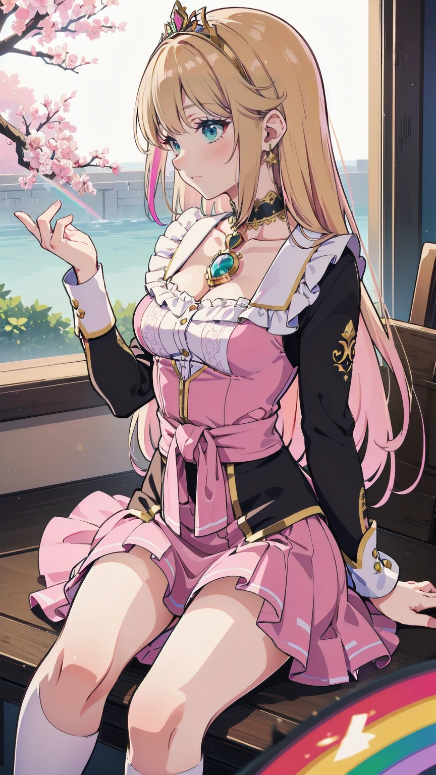 (8k, Best Quality, masterpiece: 1.2), Ultra-high resolution,,Marie Antoinette,Ultra-detailed face,Fine grain,Open your mouth a little,(Blonde),Long Hair,Wavy Hair, break,Rococo Ruffle Dress,Long sleeve dress,The dress includes an extra long skirt,Baroque Dress, Intricate fantasy dress, glamorous ruffled dresses, Romantic Dress, Ruffled Costume,Raffle, Data Style, Formal Wear, Fancy Fashion, palate colors include pink and white,(pink:1.5),Class A Smile,Gold Tiara, necklace,Sit in a luxurious chair,Hands on knees,(Rainbow light:1.4),,Profile of a person gazing out a window,The rosebush is reflected in the window,(Inside Victoria Palace)、Her eyes sparkle、Now her blonde hair reaches down to her waist、Rose-colored gradation and three, 薄いpinkのロック. 彼女は花柄の装飾が施されたGold Tiaraを着用し、Matching earrings, White flower choker. 彼女は金色のボタンで縁取られたフリル付きの白いストライプのpinkのトップを着ている, The white sleeves are shaped like flower buds.. A magenta ribbon runs along her chest.、Tied behind the neck、Matching chest piece, Decorated with flowers. Her frilly skirt is divided by a white lining, Fastened with a large magenta ribbon、Decorated with gold, There is a small ribbon on the back. Her miniskirt is、薄いpinkのマゼンタの貝殻状の裏地と白い花のペチコートでできている. 彼女はpinkの花がついた白い手袋も着用している, 白と薄いpinkの靴には、ゆるいカフとDecorated with flowersたマゼンタのリボンがある.
