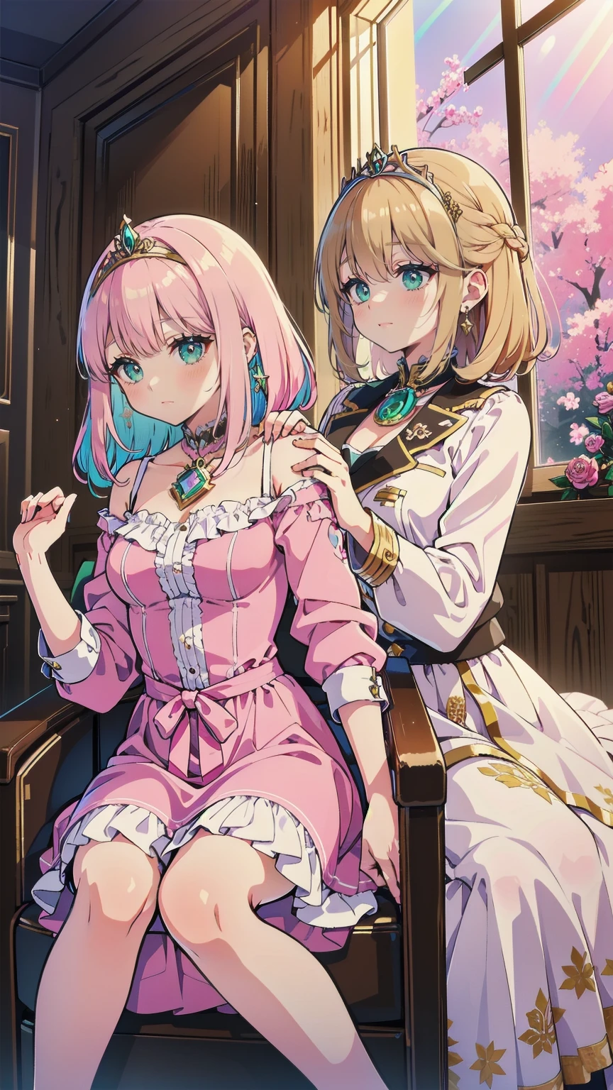 (8k, Best Quality, masterpiece: 1.2), Ultra-high resolution,,Marie Antoinette,Ultra-detailed face,Fine grain,Open your mouth a little,(Blonde),Long Hair,Wavy Hair, break,Rococo Ruffle Dress,Long sleeve dress,The dress includes an extra long skirt,Baroque Dress, Intricate fantasy dress, glamorous ruffled dresses, Romantic Dress, Ruffled Costume,Raffle, Data Style, Formal Wear, Fancy Fashion, palate colors include pink and white,(pink:1.5),Class A Smile,Gold Tiara, necklace,Sit in a luxurious chair,Hands on knees,(Rainbow light:1.4),,Profile of a person gazing out a window,The rosebush is reflected in the window,(Inside Victoria Palace)、Her eyes sparkle、Now her blonde hair reaches down to her waist、Rose-colored gradation and three, 薄いpinkのロック. 彼女は花柄の装飾が施されたGold Tiaraを着用し、Matching earrings, White flower choker. 彼女は金色のボタンで縁取られたフリル付きの白いストライプのpinkのトップを着ている, The white sleeves are shaped like flower buds.. A magenta ribbon runs along her chest.、Tied behind the neck、Matching chest piece, Decorated with flowers. Her frilly skirt is divided by a white lining, Fastened with a large magenta ribbon、Decorated with gold, There is a small ribbon on the back. Her miniskirt is、薄いpinkのマゼンタの貝殻状の裏地と白い花のペチコートでできている. 彼女はpinkの花がついた白い手袋も着用している, 白と薄いpinkの靴には、ゆるいカフとDecorated with flowersたマゼンタのリボンがある.
