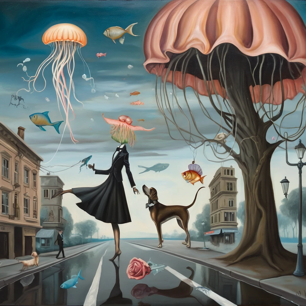 A surreal oil painting: a jellyfish in a dress, with a fish in a tailcoat, walking down a street where trees laugh, monuments sell flowers, and dogs walk upside down, in a city without gravity. Surrealism, aesthetic art of surrealism, aesthetic surrealism, surrealism in aesthetic form, emotional surrealism, paradox, dream-like irreality, bizarreness, bizarre contrast, intricacy.