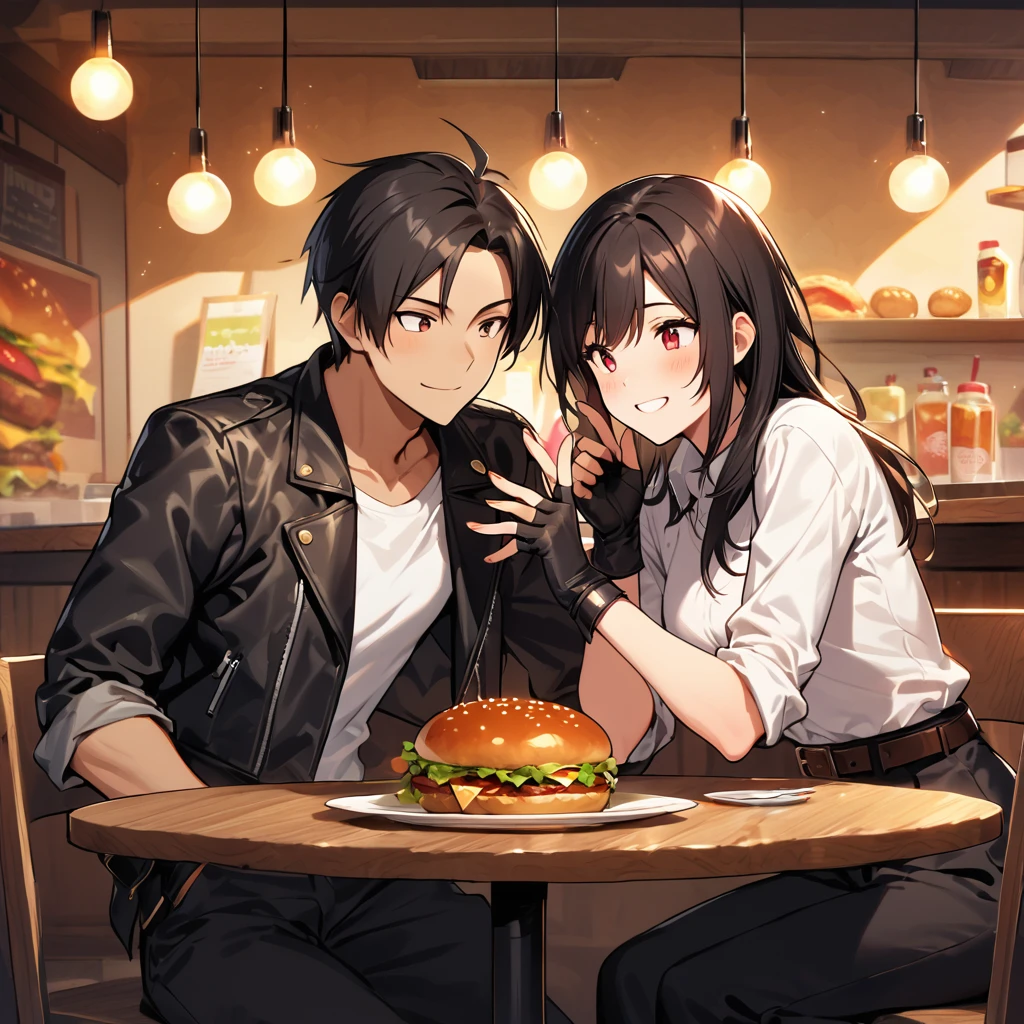 (Girl, long black hair, short skirt), (boy, black short sleeves), dining table, eating