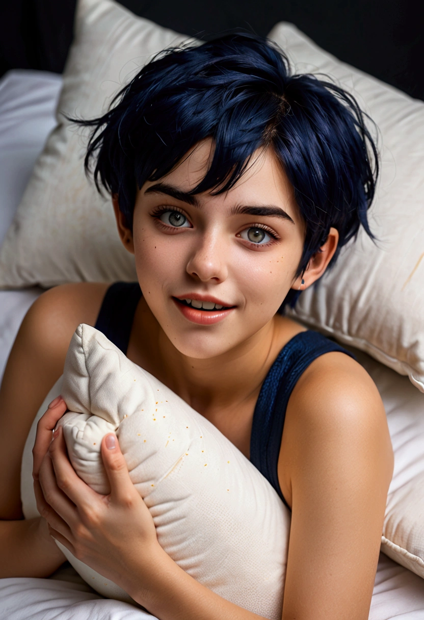 Adolescente, 18 ans, masturbates with pillow, dark blue hair, half-closed eyes, amber eyes, pixie cut, open mouth, holding breath, expressions, UHD, masterpiece, textured skin, highres, UHD, masterpiece, anatomically correct, best quality, highres