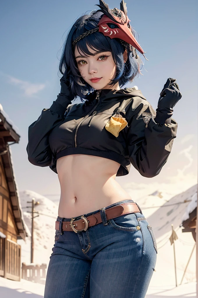 1girl, (crop puffer parka, long jeans, iron belt, boots), ((midriff, navel)), looking at viewer, fashion pose, snowy mountains camp, (cinematic lighting, best quality, masterpiece, high details, best quality, highres, HD, 4K, 8k, super detail), (kujou sara:1.3), mask on head, blue hair, short hair, yellow eyes, tassel, gloves