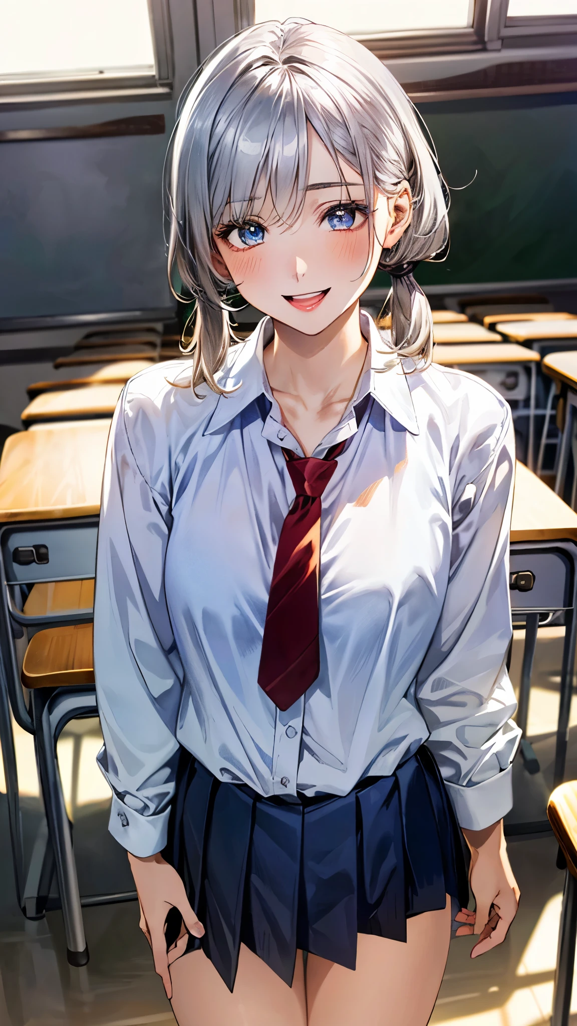 (masterpiece:1.2, top-quality), (realistic, photorealistic:1.4), beautiful illustration, (natural side lighting, movie lighting), nsfw,
looking at viewer, cowboy shot, front view:0.6, 1 girl, japanese, high school girl, perfect face, cute and symmetrical face, shiny skin,
(short hair:1.2, bob cut:1.2, silver hair), hair between eyes, blue eyes, long eye lasher, (large breasts:0.7, thick thighs),
beautiful hair, beautiful face, beautiful detailed eyes, beautiful clavicle, beautiful body, beautiful chest, beautiful thigh, beautiful legs, beautiful fingers,
(((navy jacket), white collared shirts, grey pleated mini skirt, black socks, black loafers, red tie)),
(beautiful scenery), evening, classroom, desks, chairs, curtains, sitting chair, hands on mouth, (lovely smile, head tilt),