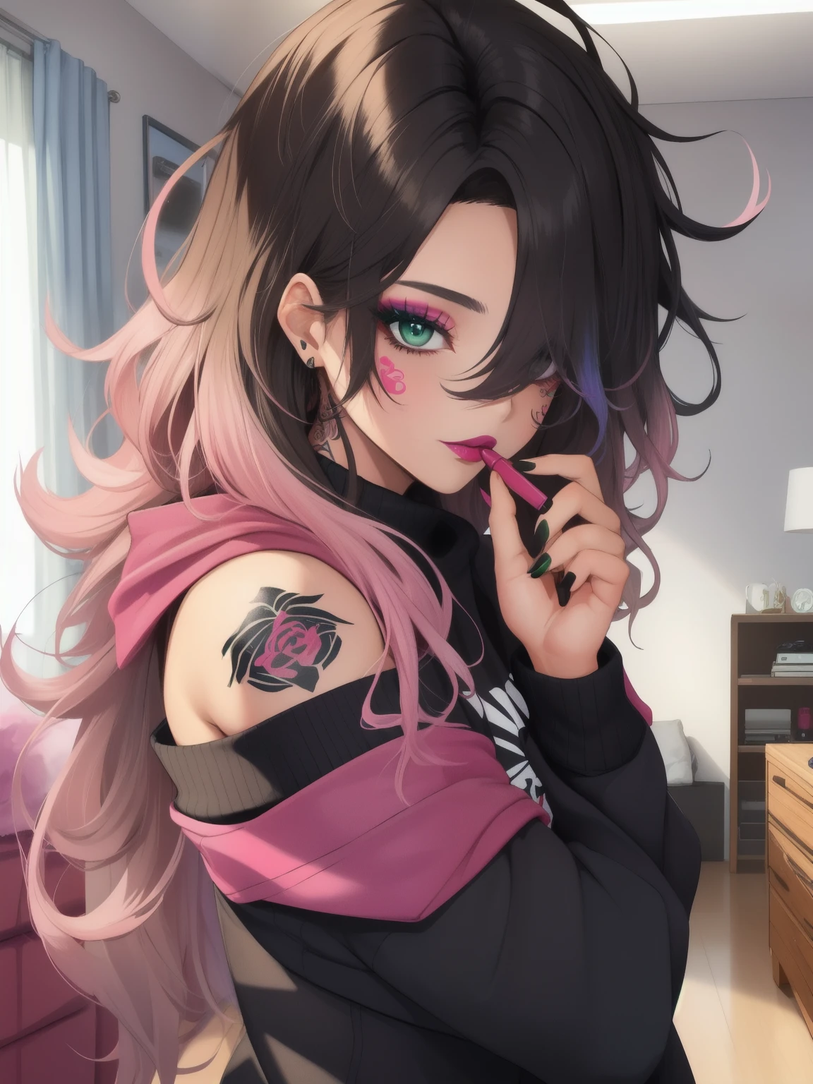 masterpiece, adult, pink themed room, woman with green to black ombre hair, lipstick, tattoos, bangs, messy hair, eye shadow, smoky eyes, smokey eyes, sweatshirt, off the shoulder, very long hair