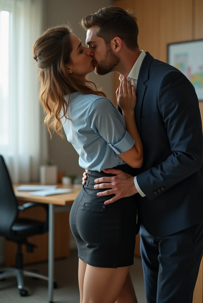 highest quality、4K quality、real photo, man and woman kissing、Man Sitting On A Chair、A woman in an office suit riding backwards on a man、Shooting from the side、Man touches woman's chest