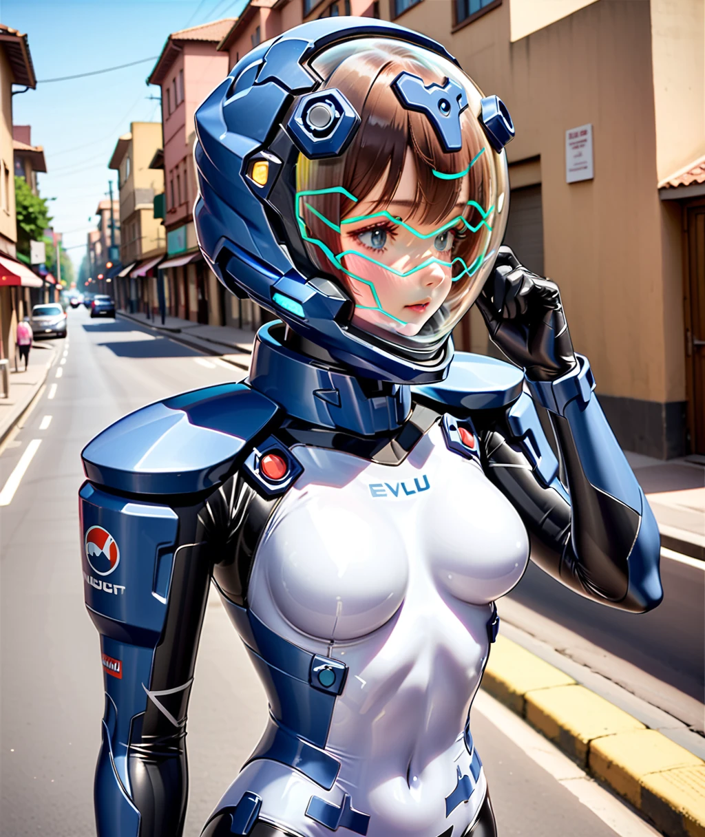 short hair, street, emo, BLACK hair, white eyes, eyeliner, apocalypse, (astronaut, girl, road, city, fortified suit, ((blue:1.5) plugsuit), short hair, outdoors, cinematic light, medium breasts, covered navel, space helmet, muvluv, space helm, eva helmet,[legs bent,, upper body,hands up, holding head