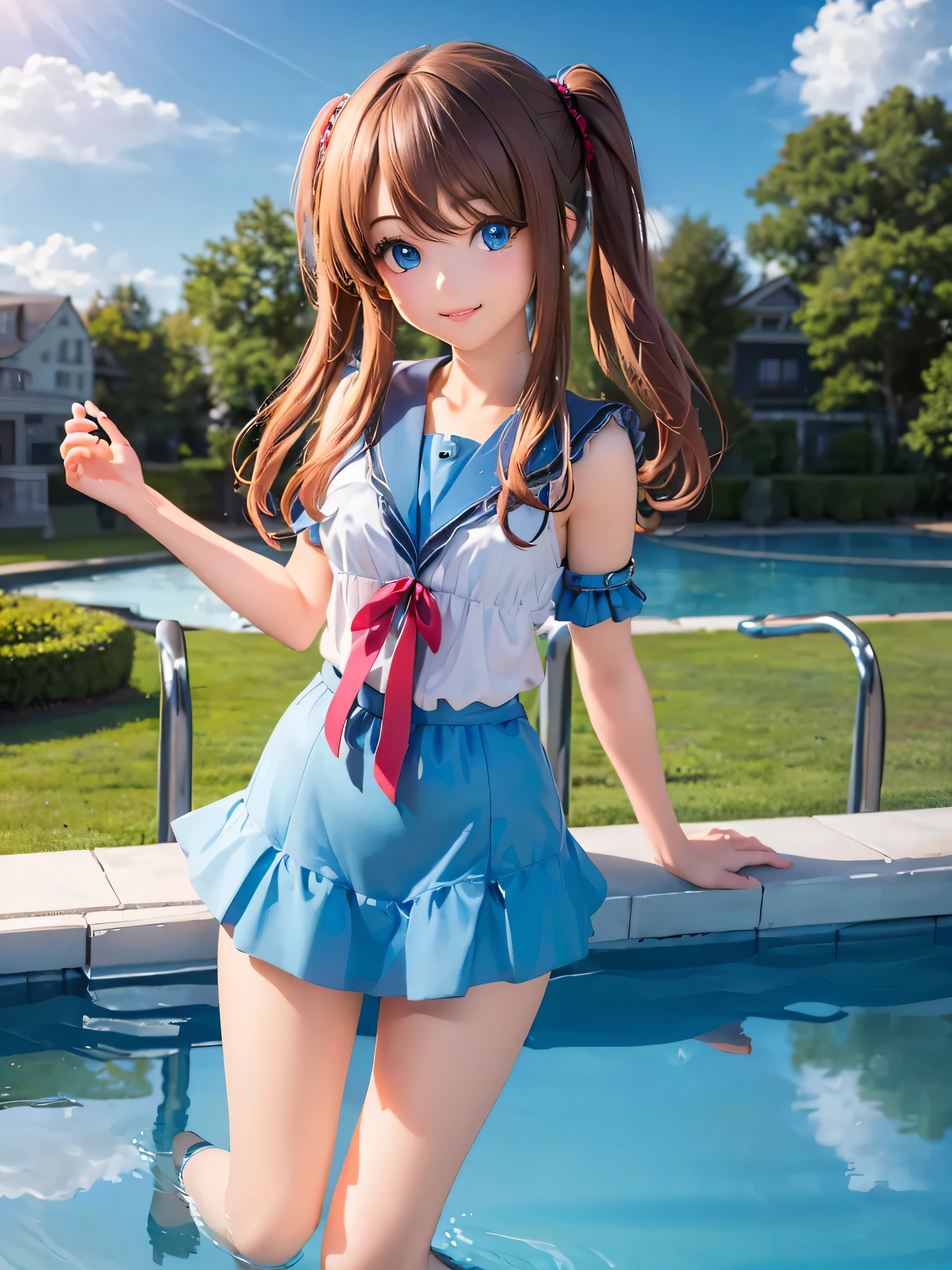 , (photoRealistic:1.8), (masterpiece, Side light, Exquisite beautiful eyes: 1.5), masterpiecePortraiture, Realistic, 3D Face, (Cute Face),Front view: 1.6、 (Shining blue eyes:1.2),Plump face:1.5,(We say:1.5)、(Captivating smile:1.2),Rosy Mouth,Because I'm Slim,Abdominal muscles, Shiny Hair, Glowing Skin: 1.5、Medium chest,Cleavage、alone,(stand)、(Character Focus:1.5、Portraiture:1.5、Upper Body),Poolside,