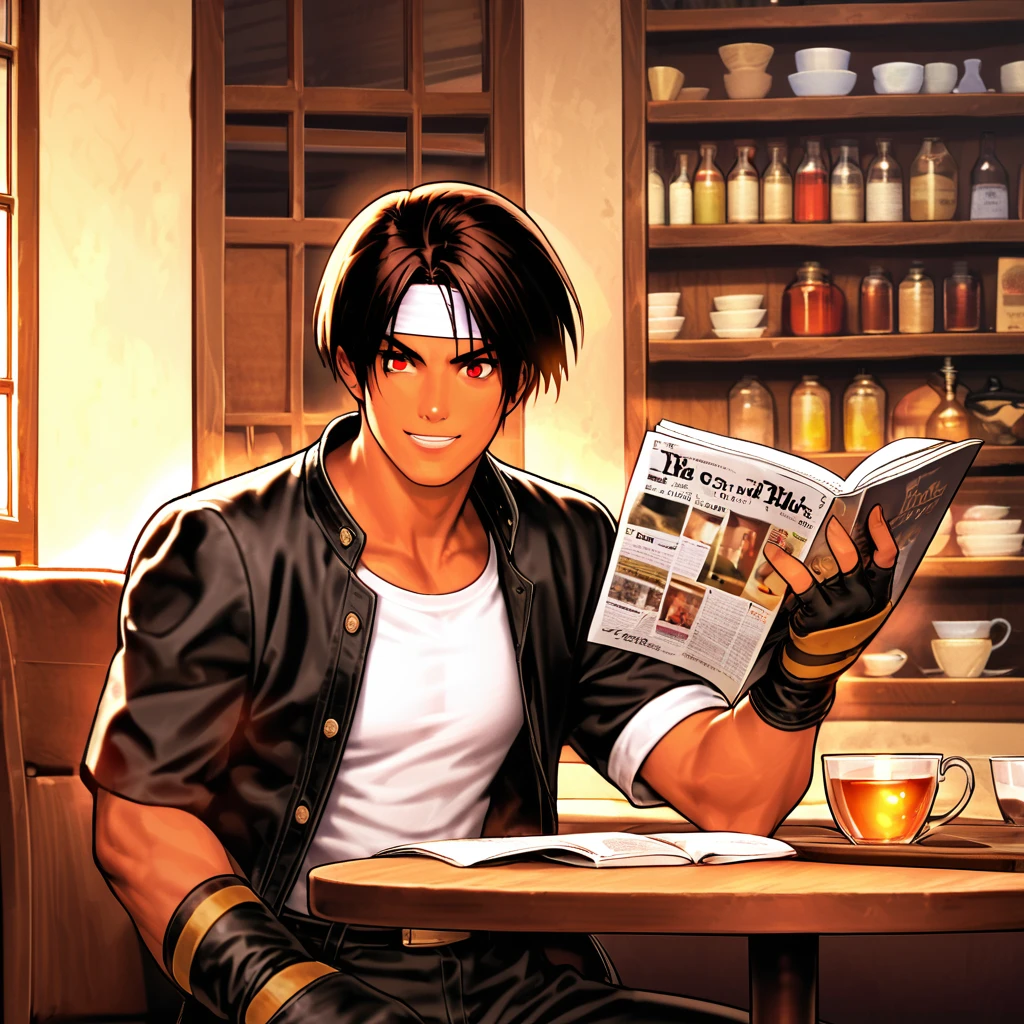 A stunning Orochikyo sits confidently at a table, surrounded by the warm glow of a well-lit indoor setting. Dark skin shines with a radiant complexion, accented by striking red eyes that seem to gleam in the soft light. A black jacket and fingerless gloves add an air of mystery, while a white T-shirt and headband provide a pop of brightness. Black trousers and white shoes complete the stylish ensemble. As he reads a magazine with a charming grin, his tea belt subtly complements the overall aesthetic. The interior of the store is bathed in a bright atmosphere, highlighting every fine detail of Orochikyo's striking features.