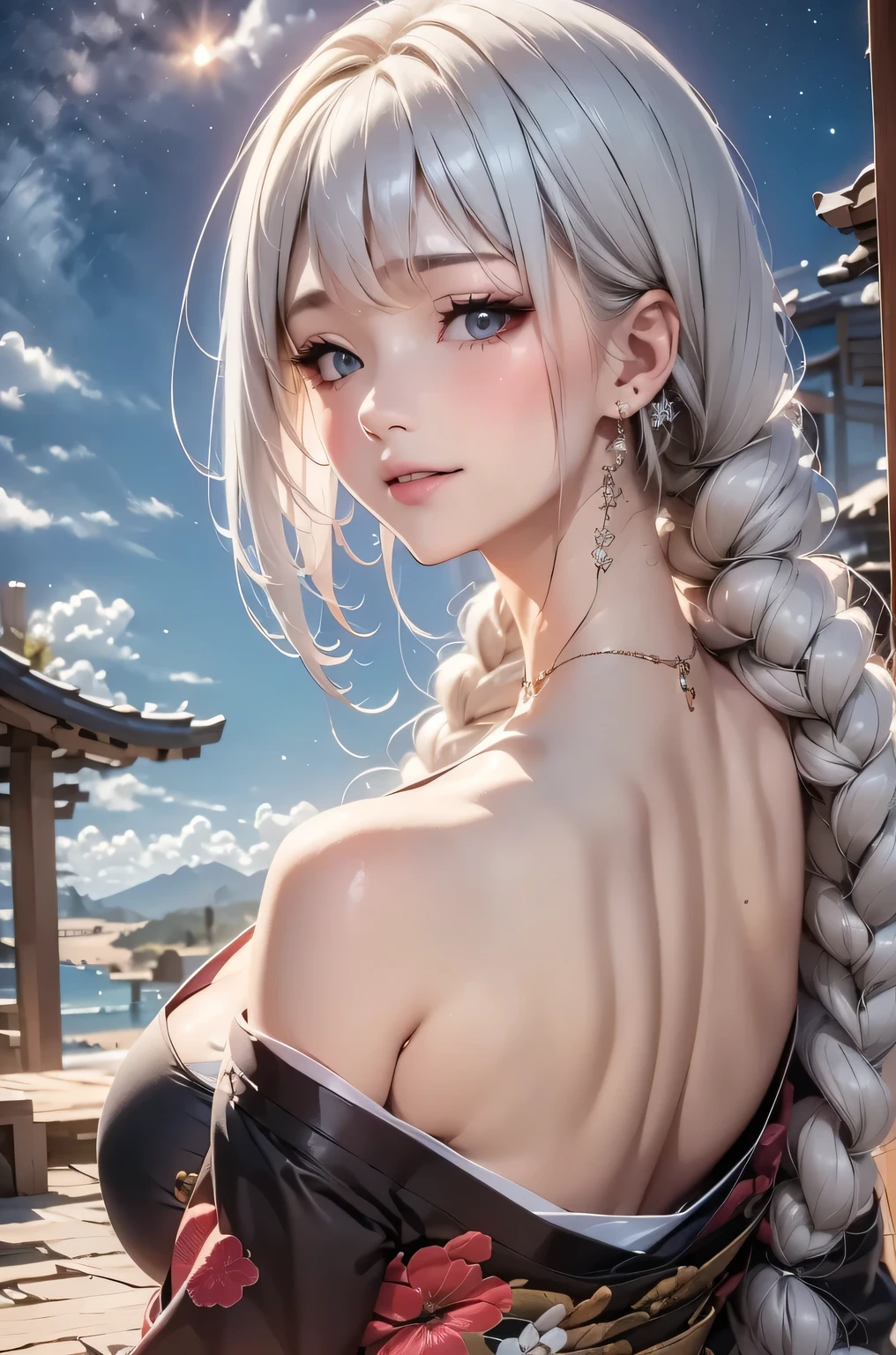 masterpiece, best quality, highly detailed, 1girl, white hair, face: sweet girl, laugh kimono, black kimono, Matte texture clothing. look up at the night sky.