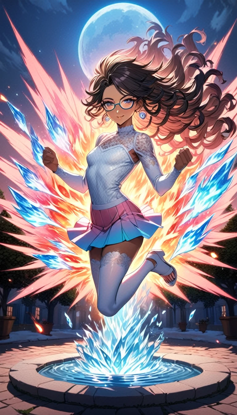 Trans woman, (very short mini skirt, lace top, genderbend, curly long hair, black hair, male to female, detailed face, beautiful detailed brown eyes, eye glasses, beautiful detailed lips, silver earrings, white high sandals, one leg stockings), brown skin, anatomically correct, Anime style, 4k, 8k, masterpiece, high resolution, detailed facial features, intricate details, colorful, lighting, warm colors, (fire and ice merges, snowfall), detailed fabric textures, delicate brushstrokes, (Trans flag colors clothes(blue, pink and white)), Full body view, park fountain background (iced water), being watched, smiling pose, alone, closed mouth, warmth body, ((levitating,  flying)), moonlight, fire and ice in hands, holding elements, windy