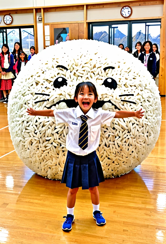 A Japanese elementary school student is excited to see a giant rice ball
