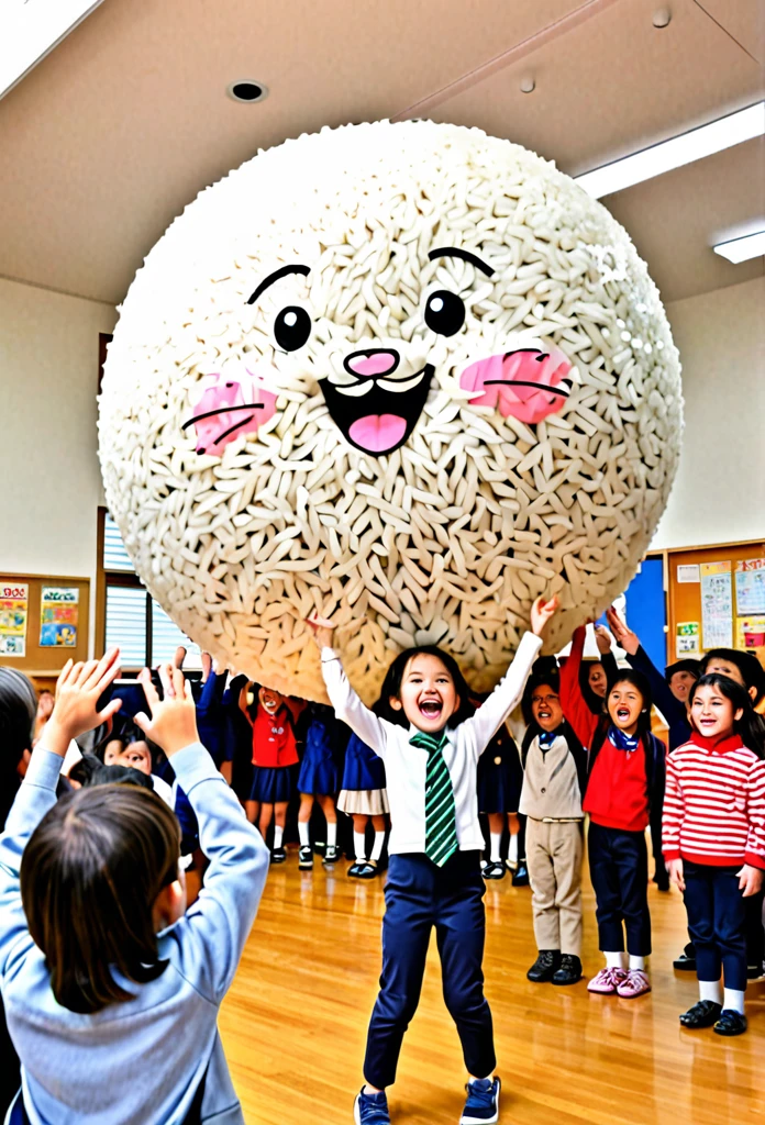 A Japanese elementary school student is excited to see a giant rice ball
