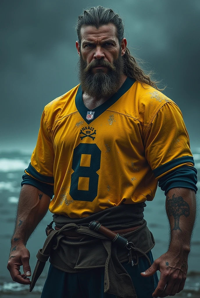 Blue and black team jersey with waves and gold details on the sleeve with Poseidon emerging from the back and coming to the front