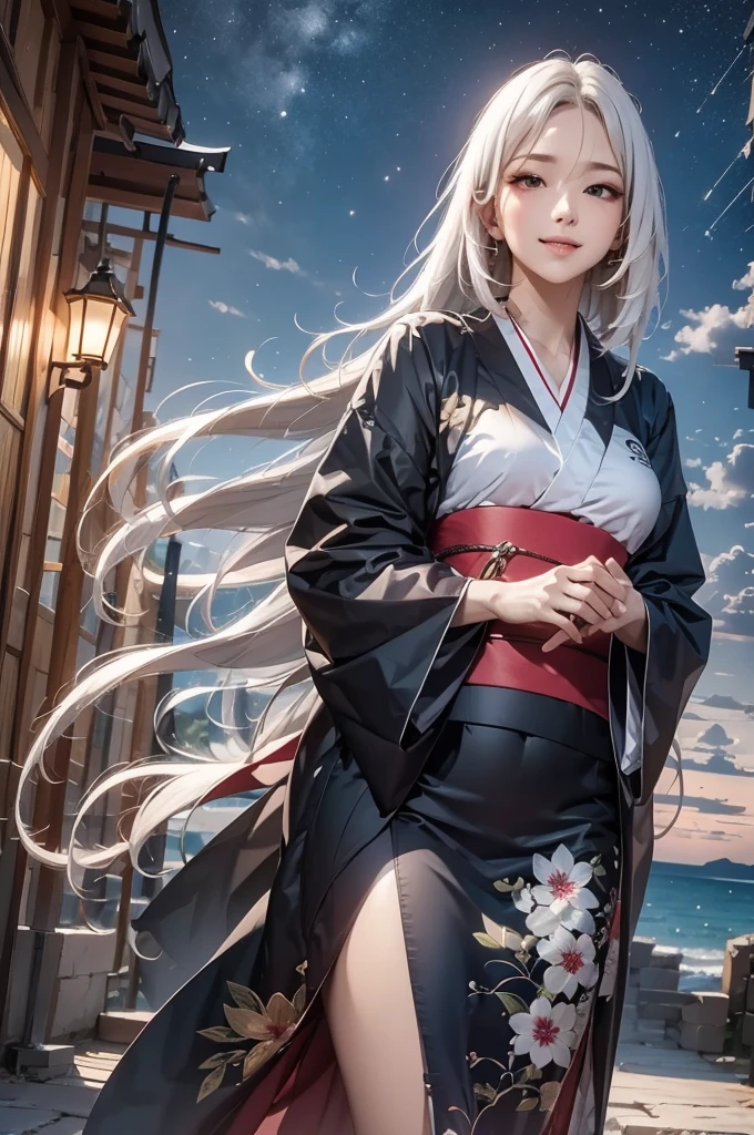 masterpiece, best quality, highly detailed, 1girl, white hair, face: sweet girl, laugh kimono, black kimono, Matte texture clothing. look up at the night sky.
